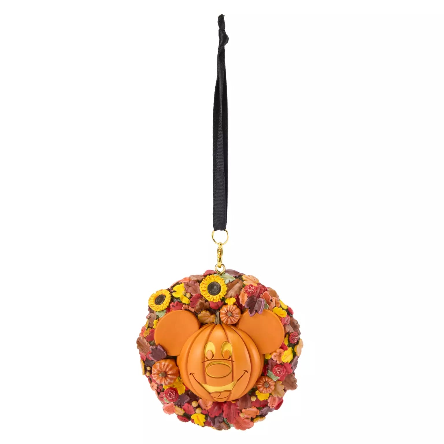Mickey Mouse pumpkin wreath ornament with autumn flowers—new Disney Halloween product with a black hanging ribbon.