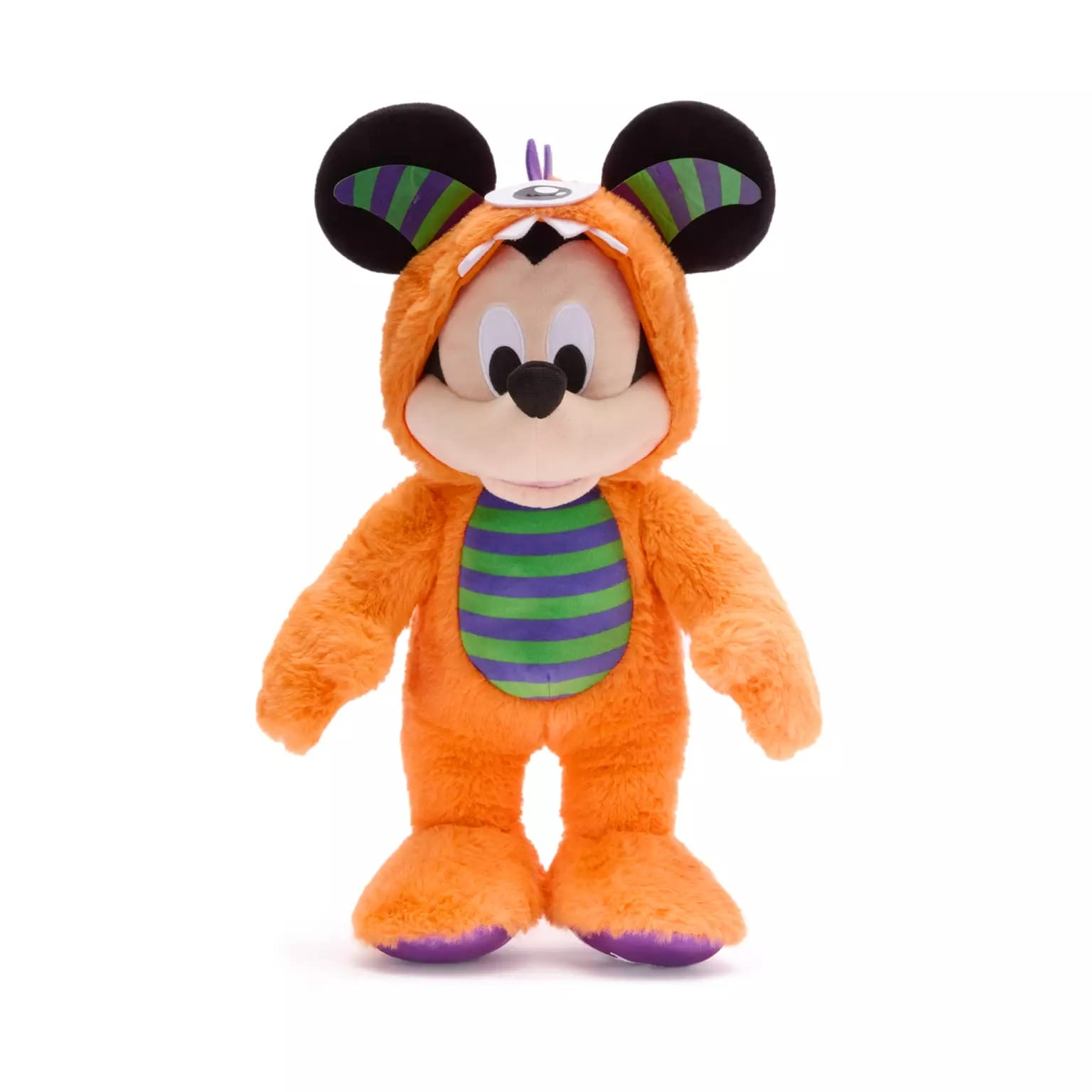 Plush Mickey Mouse in a striped Halloween costume, part of this year’s Disney Store Halloween merchandise.