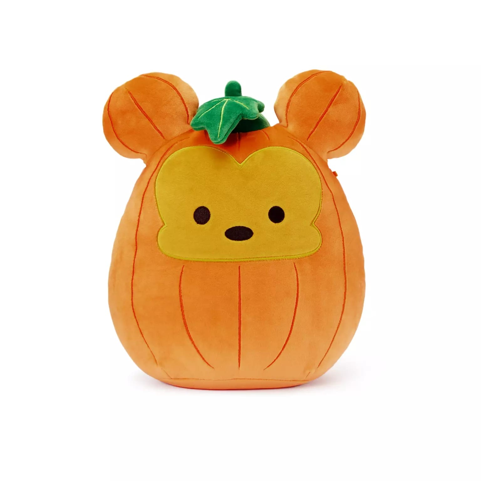 Plush toy shaped like an orange pumpkin bear with a green leaf, perfect for Disney Store Halloween merchandise.
