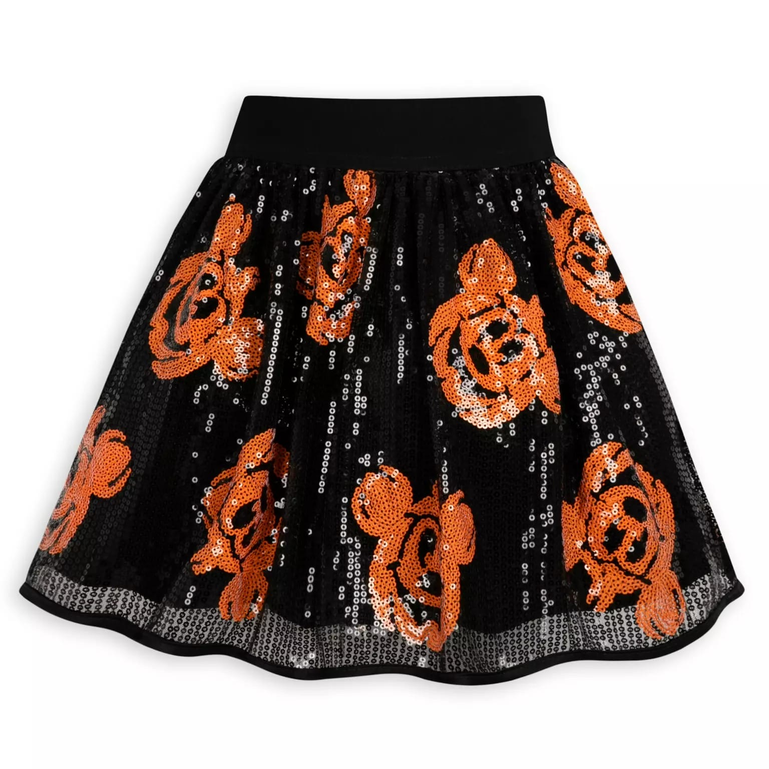 Black skirt with orange sequin Mickey Mouse pumpkins and black waistband, part of Disney Store Halloween merchandise.
