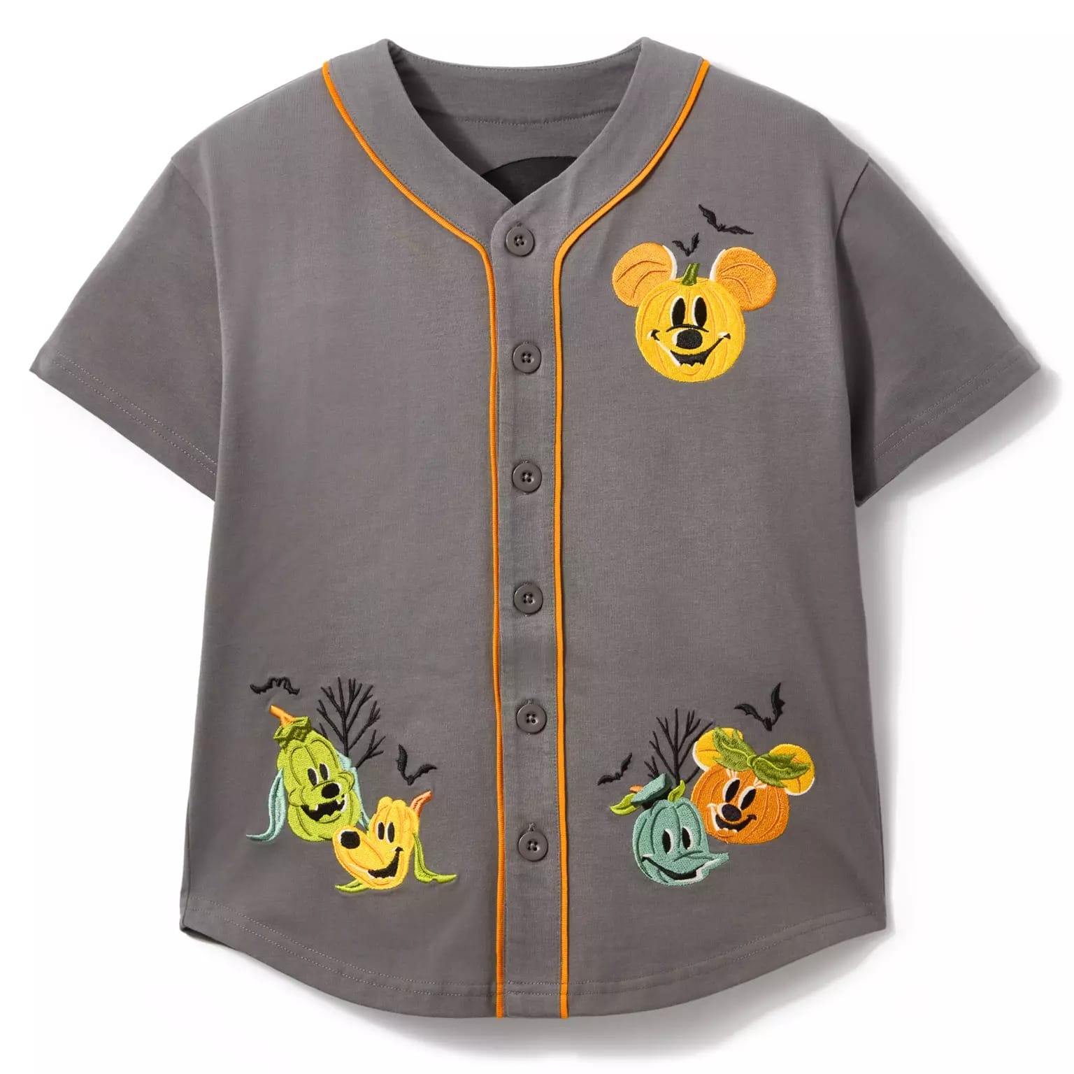 Gray button-up shirt with Halloween-themed Mickey Mouse, pumpkins, bats, and embroidered details—Disney Store Halloween style.