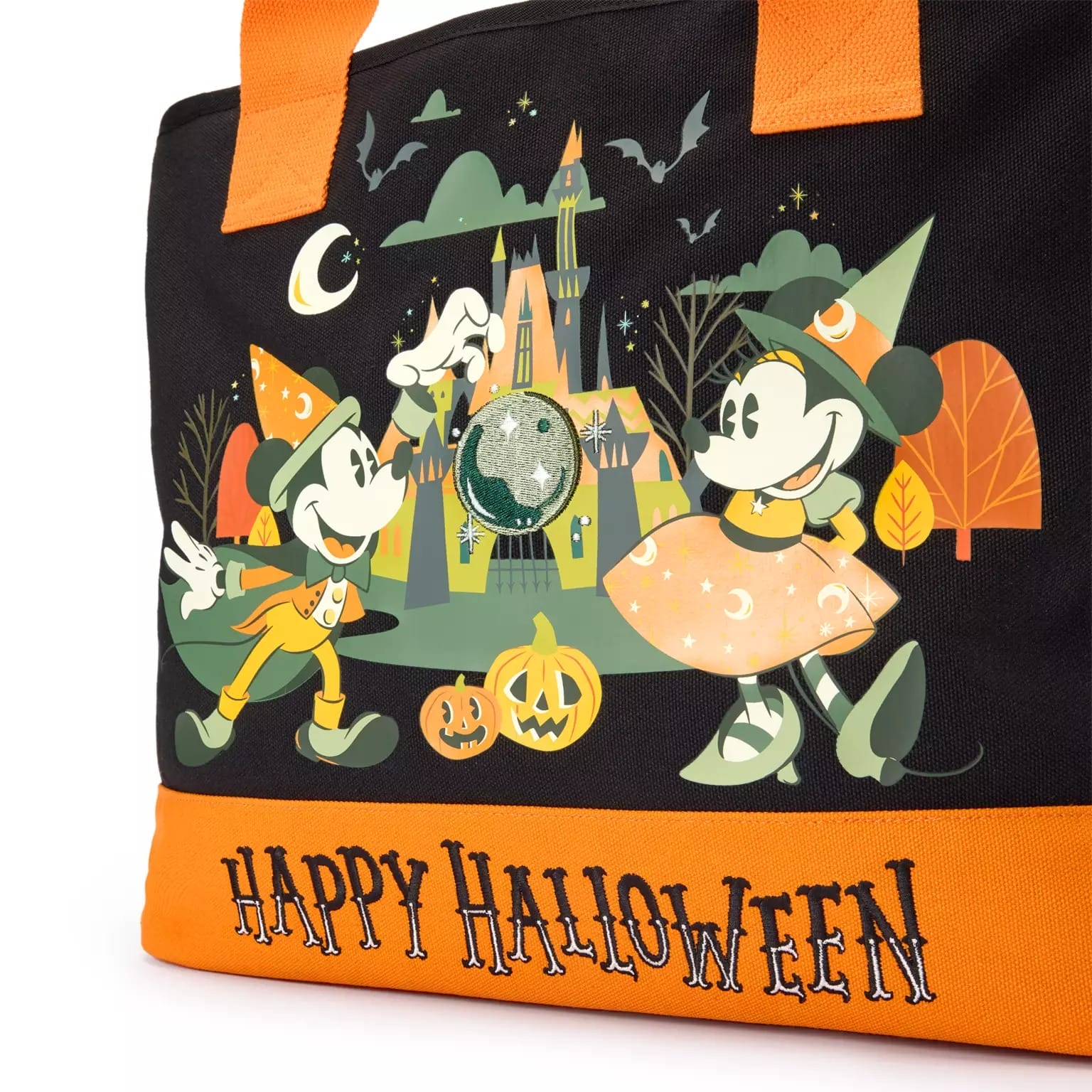 Halloween tote bag with cartoon mice, pumpkins, bats, and haunted castle—Disney Halloween merchandise for festive fun.