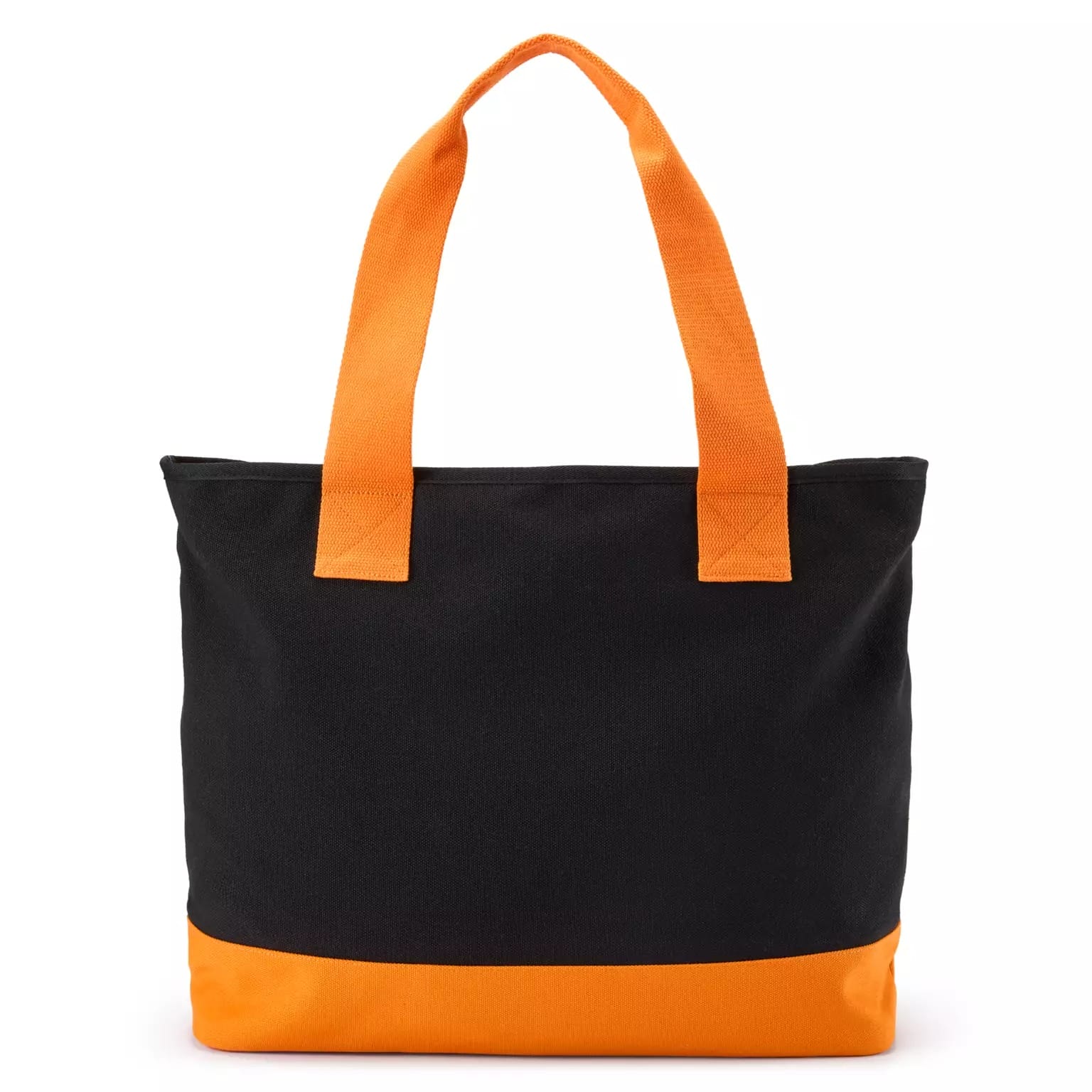 Black tote bag with bright orange handles and base, part of new Disney Store Halloween merchandise, on a white background.