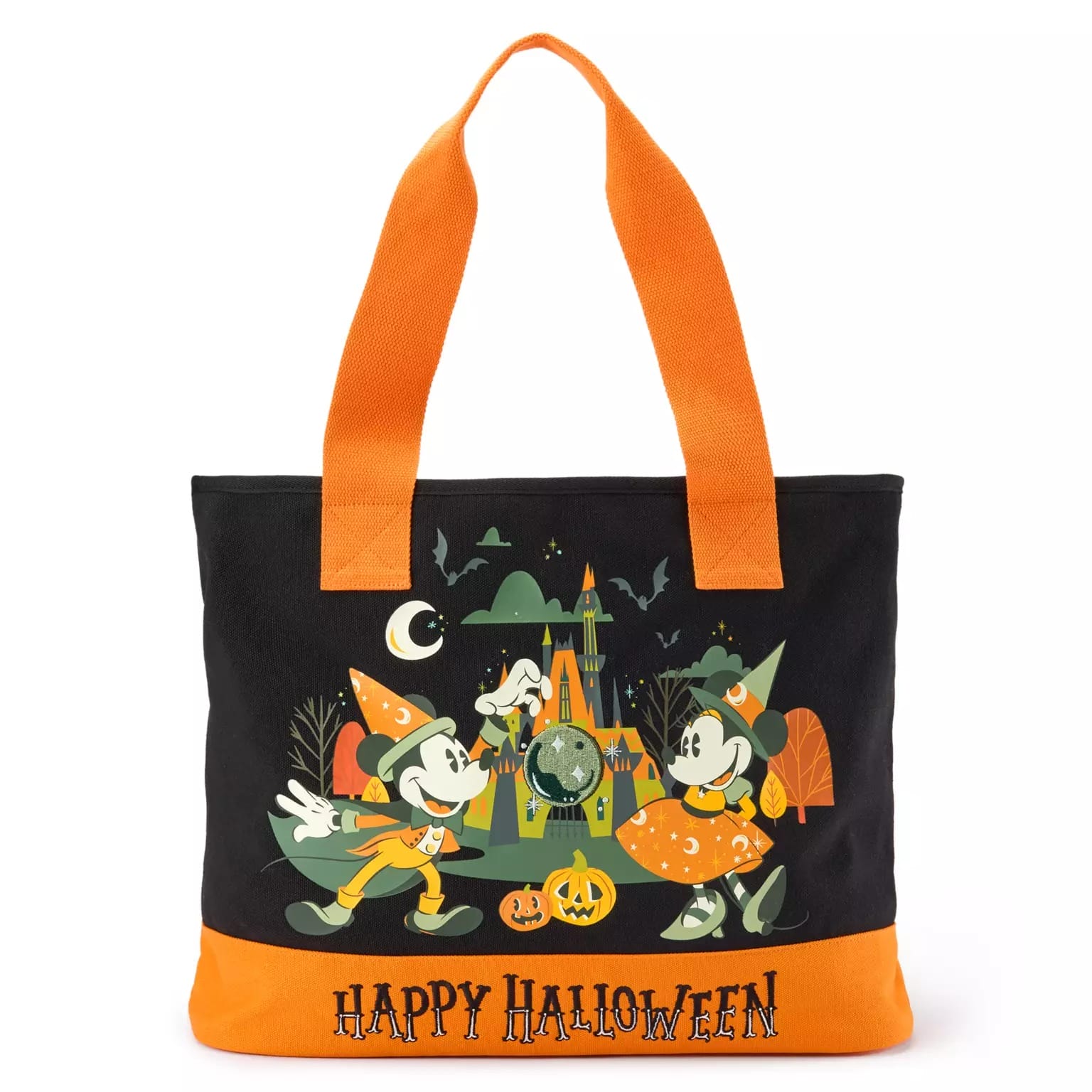 Black and orange tote bag featuring Disney Store Halloween merchandise with Mickey, Minnie, a castle, and "Happy Halloween" text.