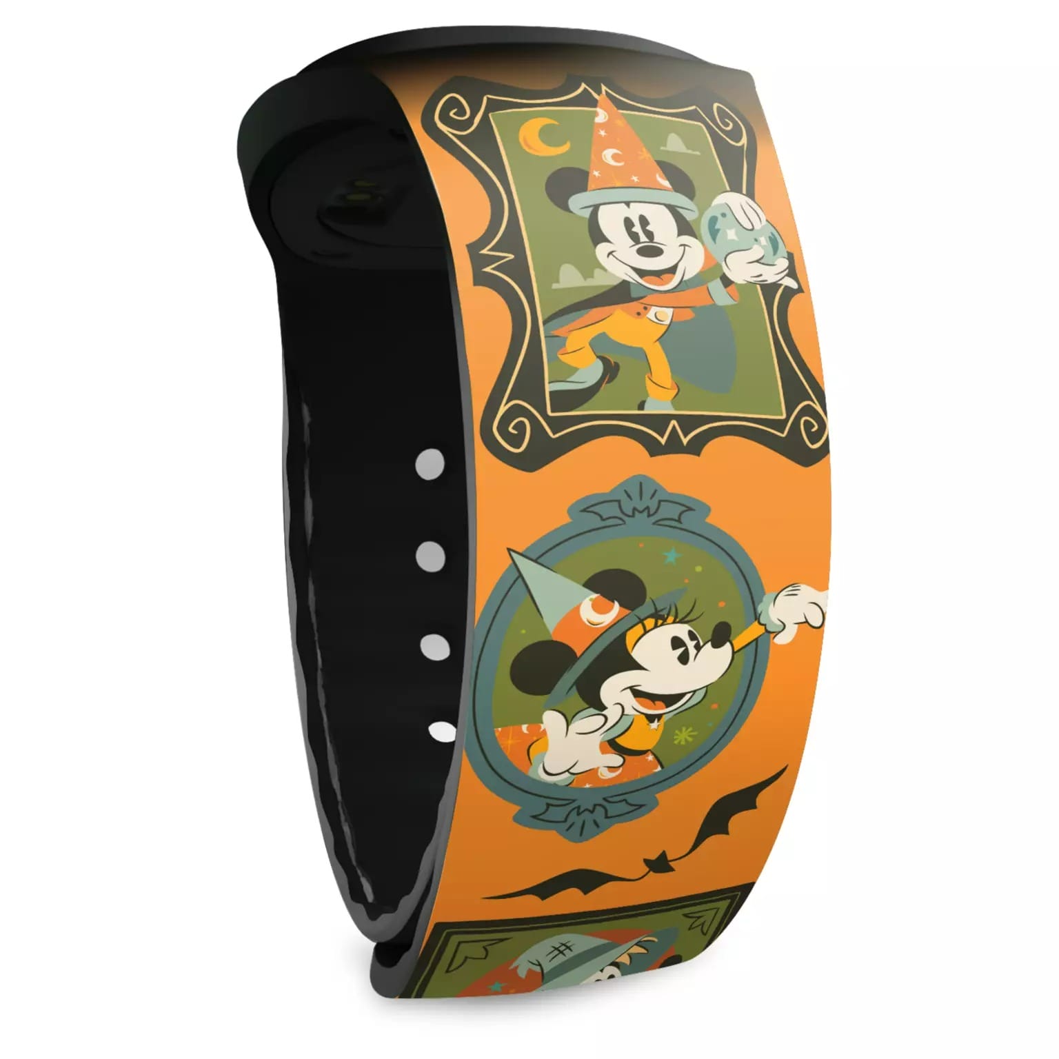 Orange MagicBand with Halloween-themed art of wizard Mickey, bats, and moons—perfect Disney Halloween merchandise.