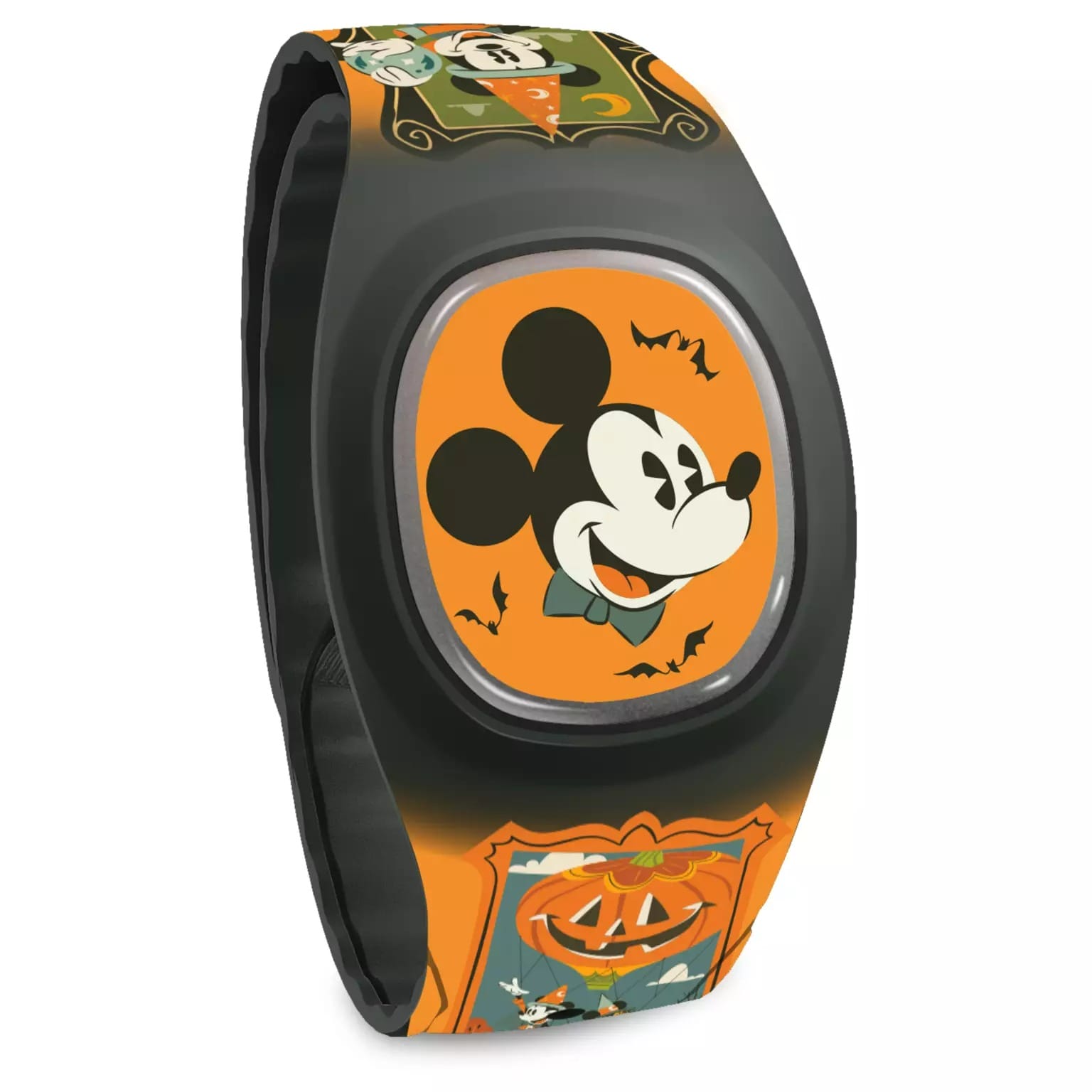 Black wristband featuring a smiling Mickey Mouse and bats—spooky Halloween Merchandise from the Disney Store.