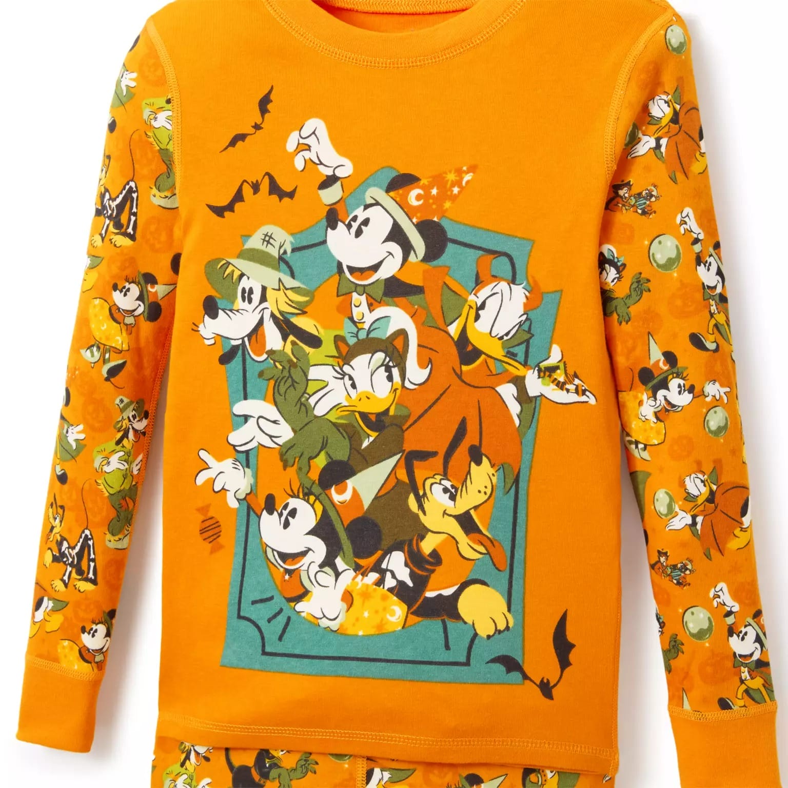 Orange Halloween pajamas featuring Mickey, Minnie, and friends in costumes—fresh Disney Store Halloween merchandise.