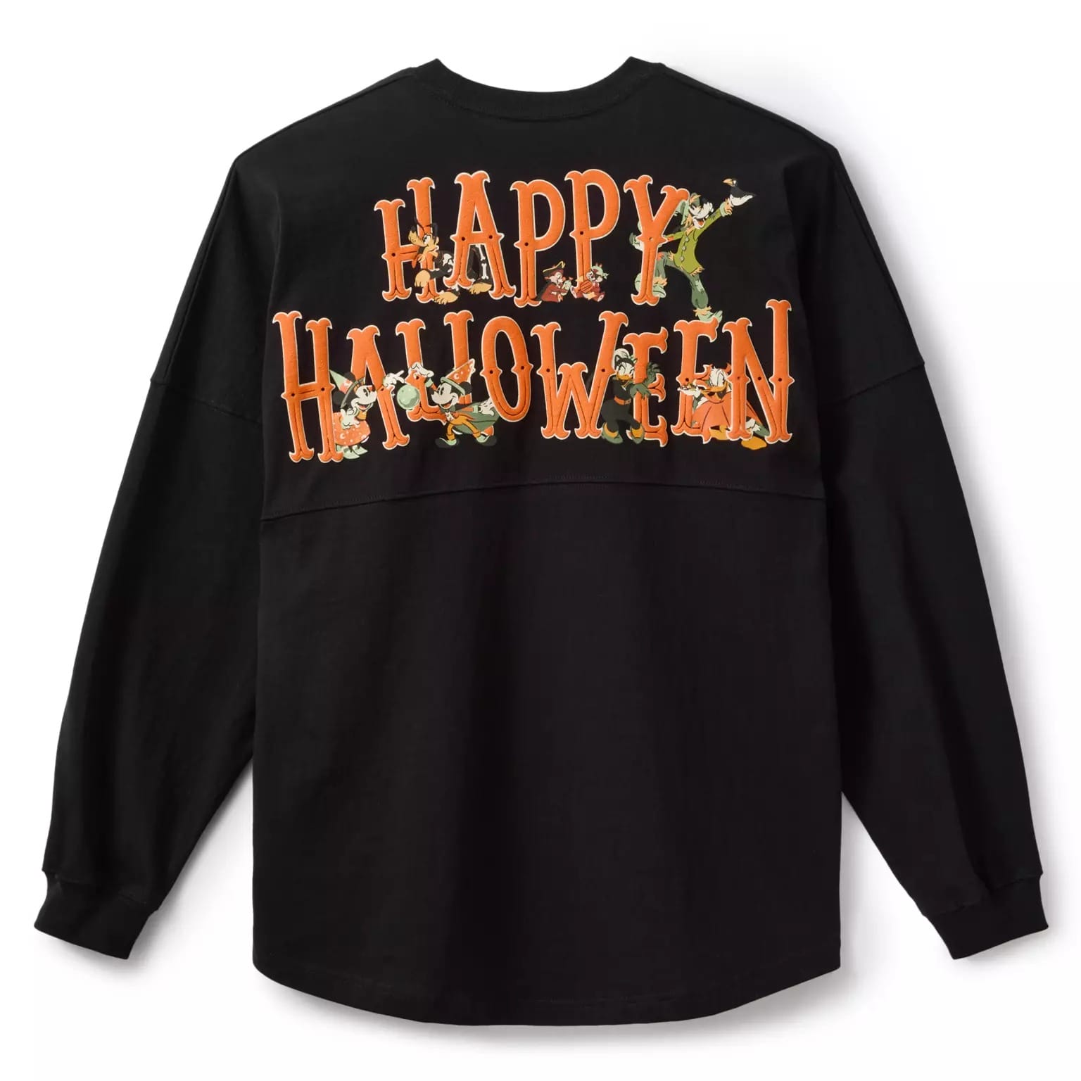 Black long-sleeve shirt with "Happy Halloween" and cartoon characters—part of our Disney Store Halloween merchandise.