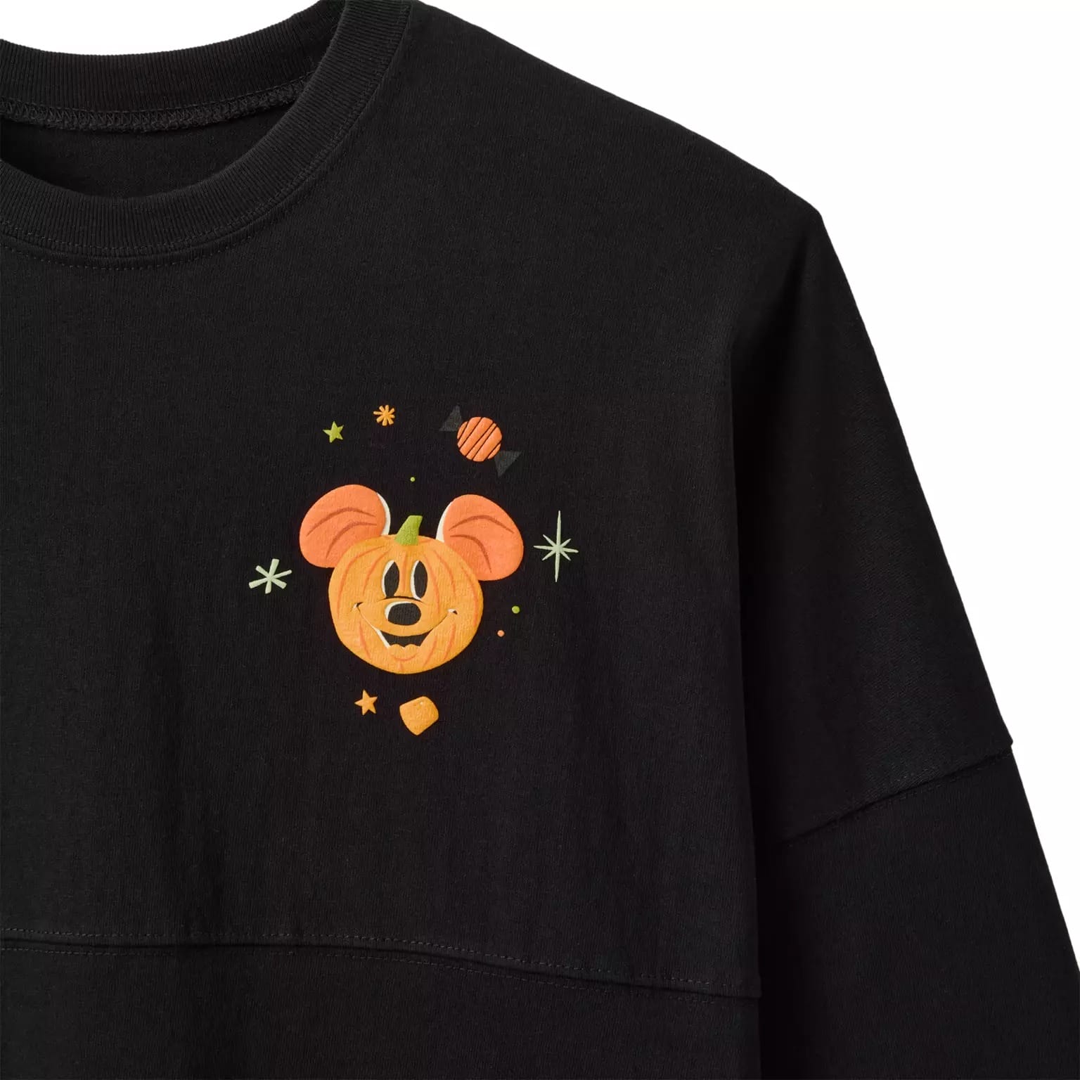 Black sweatshirt with a small Mickey Mouse pumpkin and stars—a cozy pick from new Disney Store Halloween merchandise.
