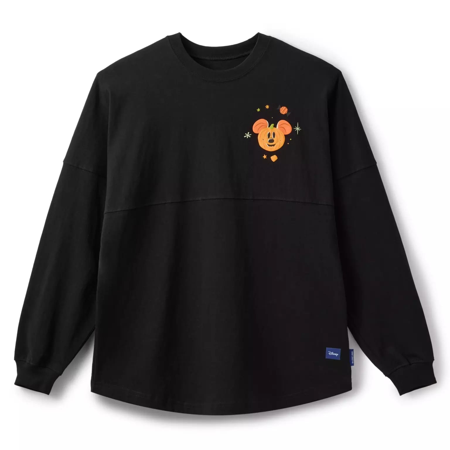 Black long-sleeve shirt with a small orange Mickey Mouse pumpkin graphic—perfect Disney Store Halloween merchandise.
