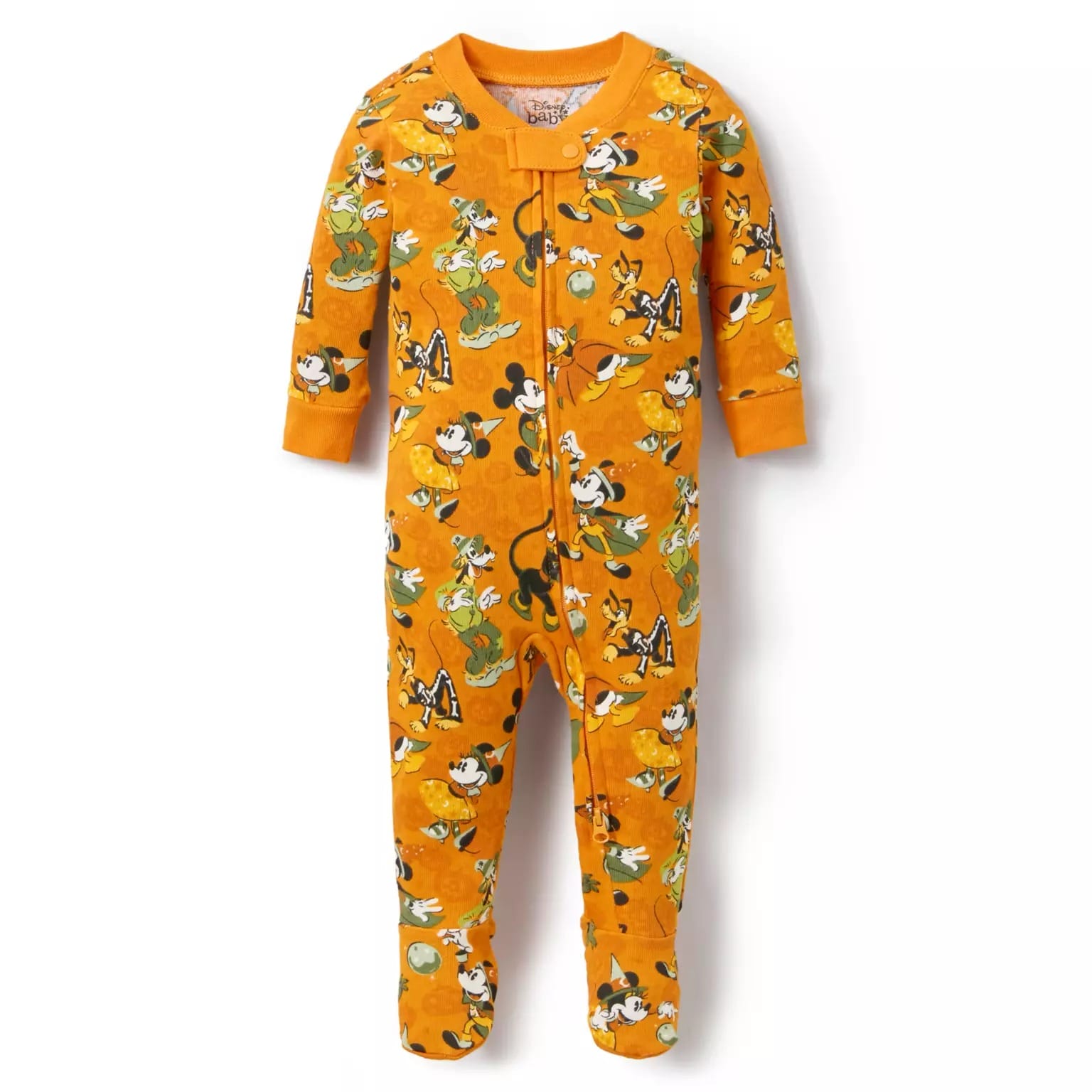 Orange baby onesie with long sleeves, footies, and a festive Mickey Mouse print—perfect Disney Store Halloween merchandise.