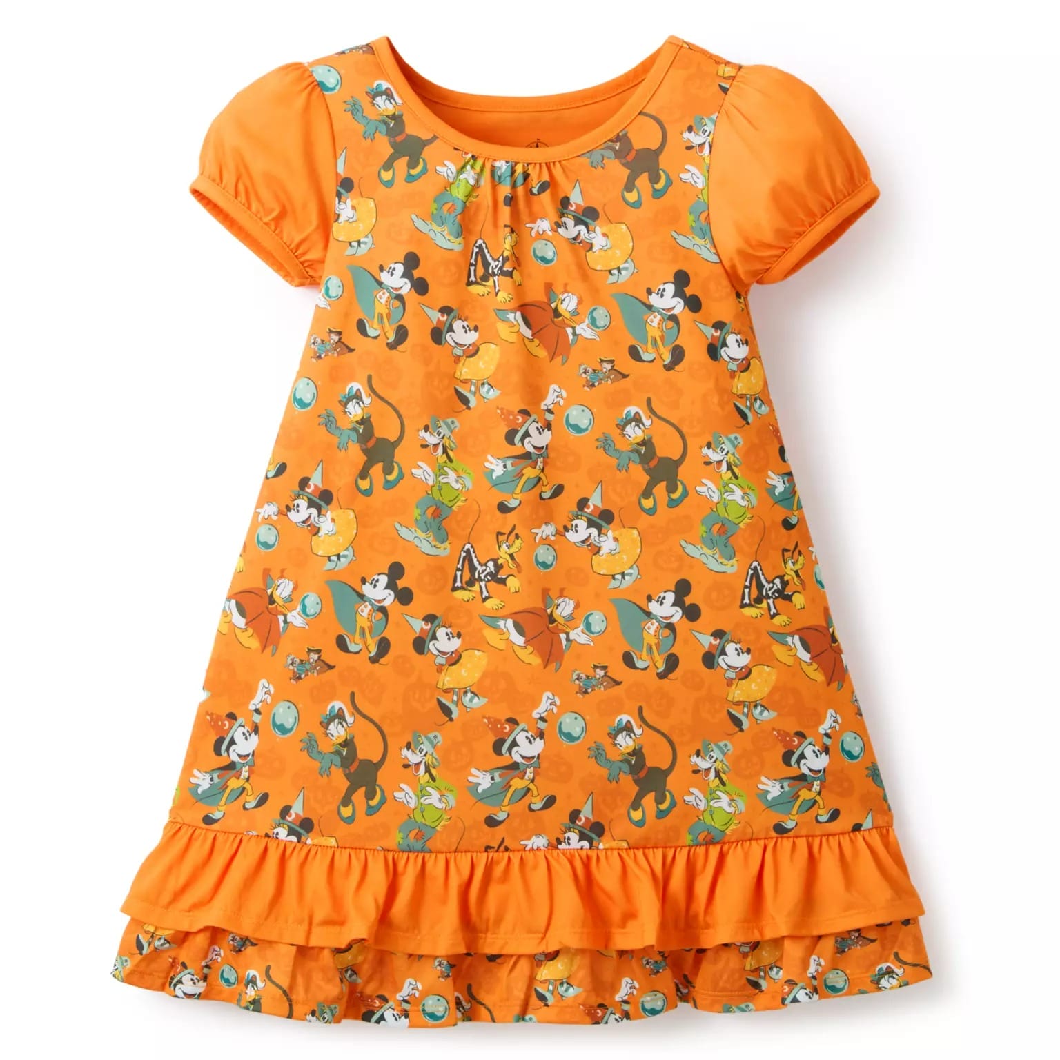 Orange girls’ dress with Mickey, Pluto, and Donald print—part of the Disney Store Halloween merchandise collection.
