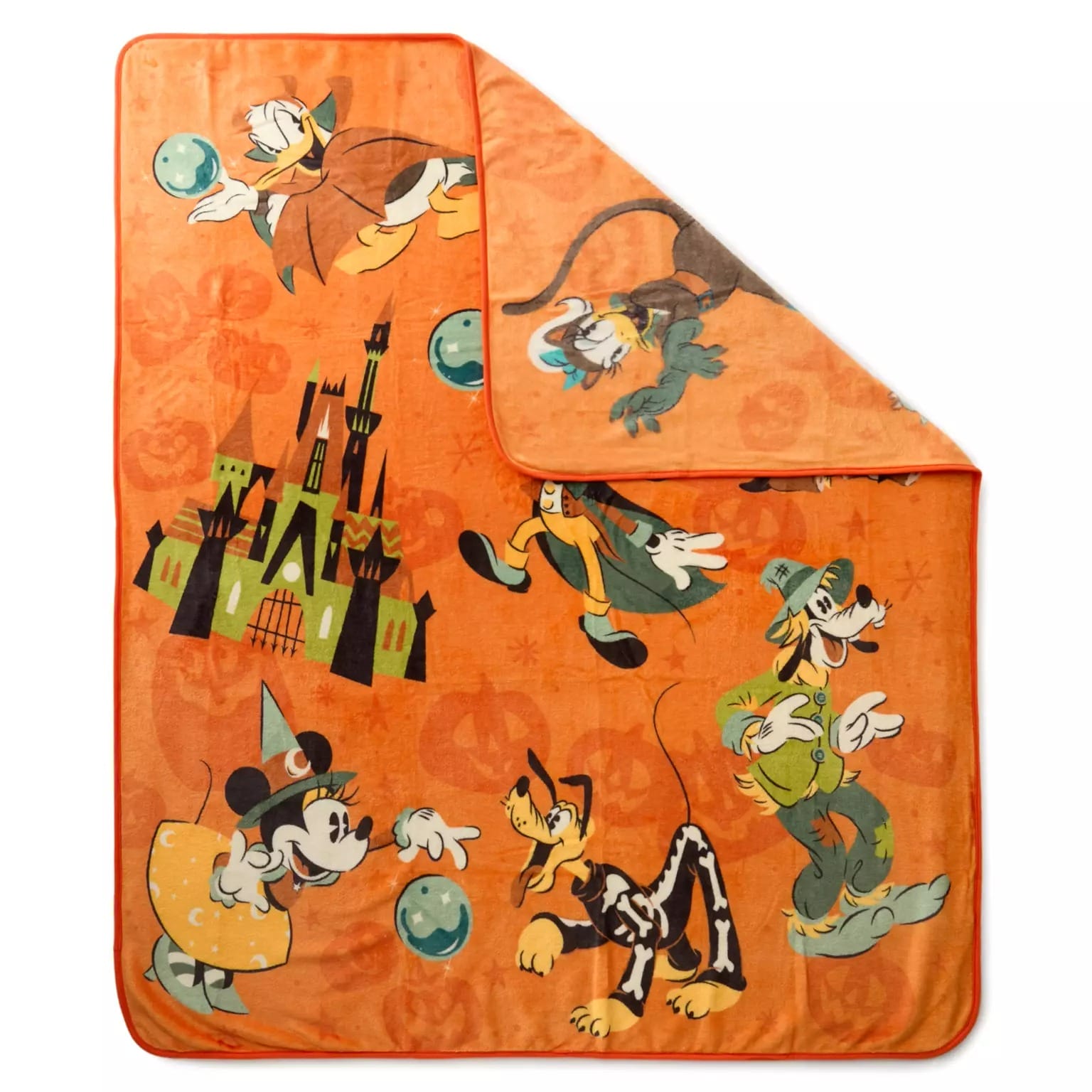 Orange blanket featuring Disney characters in Halloween costumes, part of the Disney Store Halloween merchandise collection.