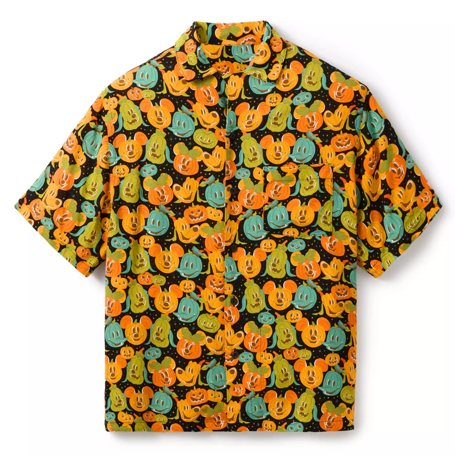 Short-sleeve shirt featuring colorful Mickey Mouse pumpkin faces—part of Disney Store Halloween merchandise.