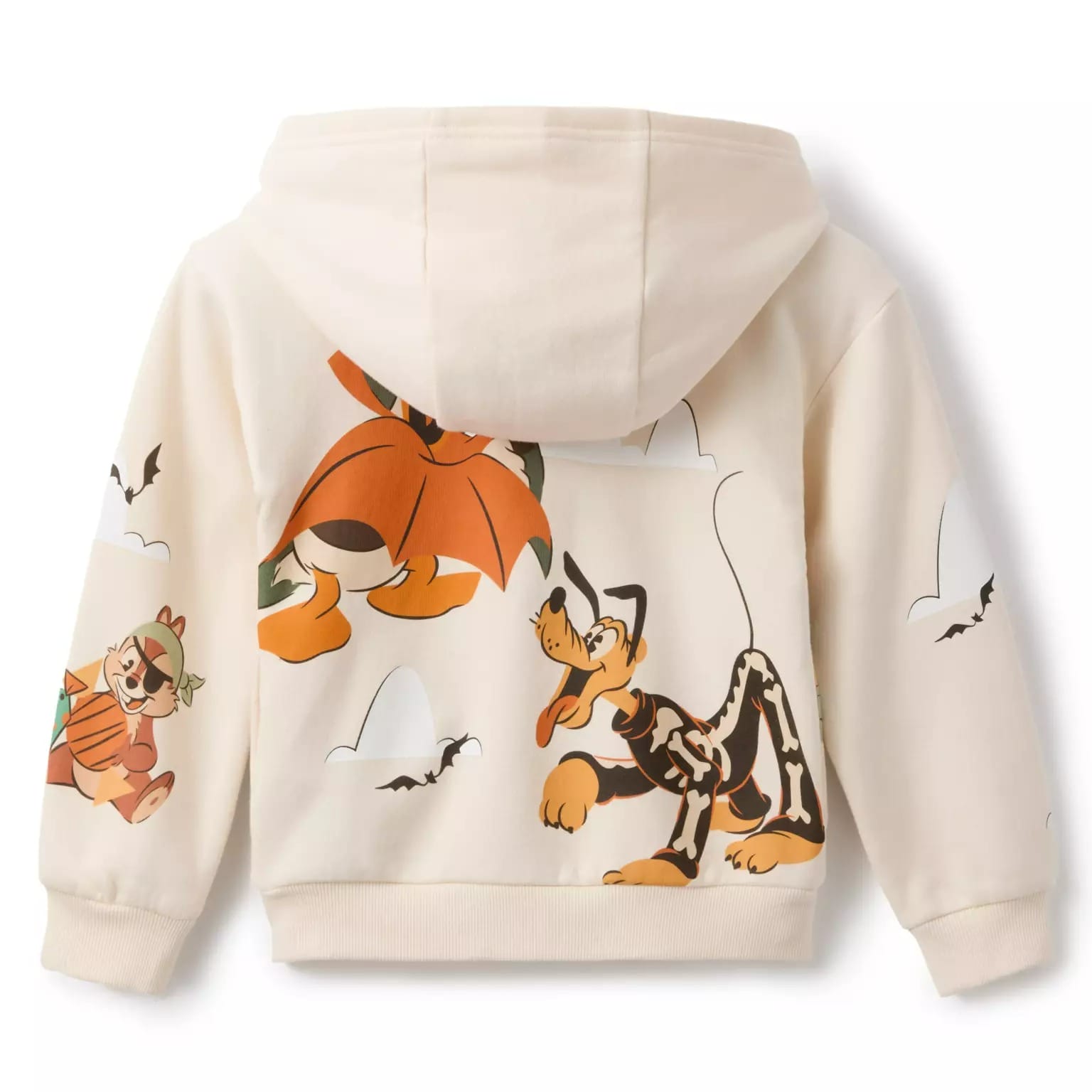 Cream hoodie with cartoon dog and pig in Halloween costumes, bats, and clouds—fun Disney Store Halloween merchandise.