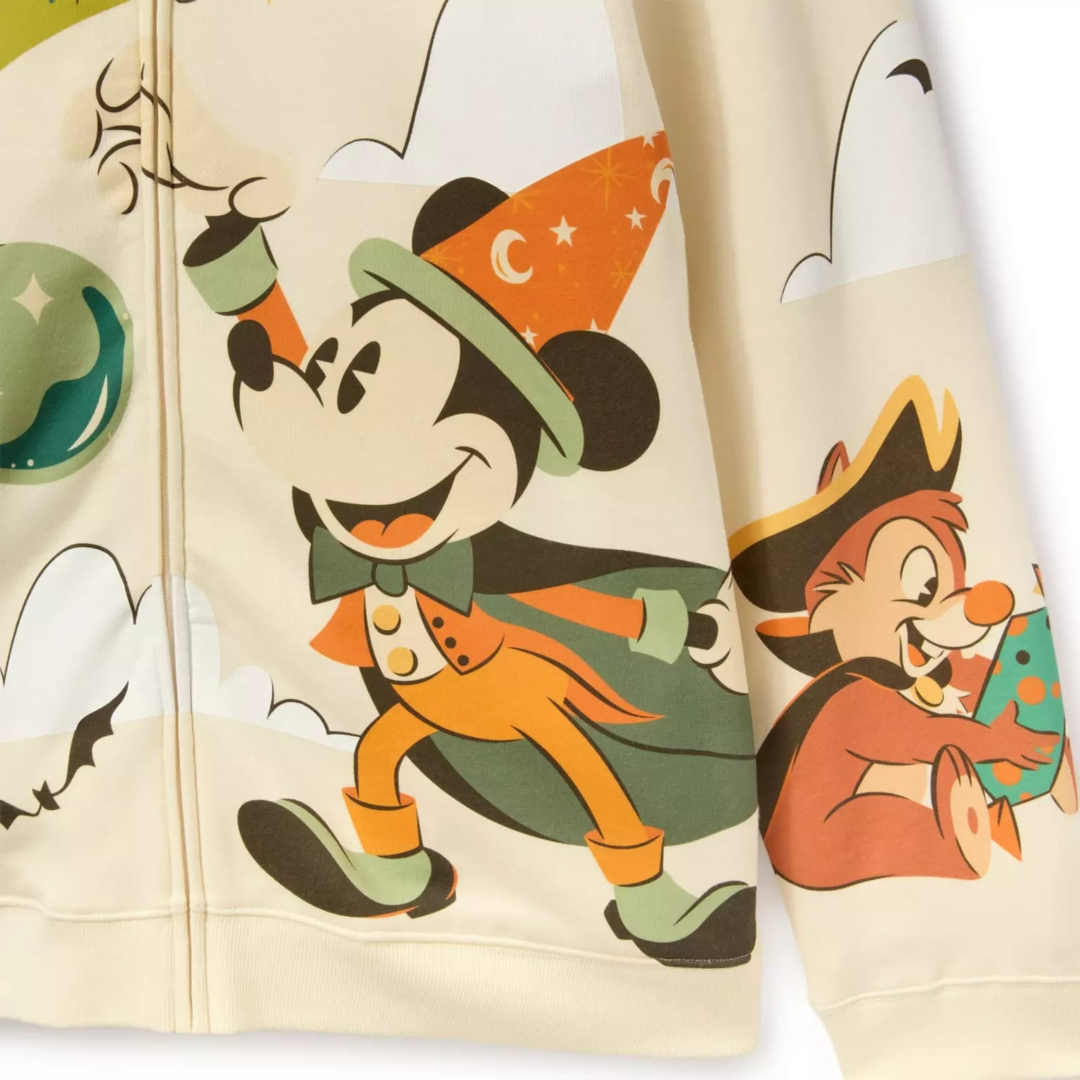 Mickey Mouse and a chipmunk in Halloween costumes on a zip-up hoodie from the Disney Store Halloween collection.