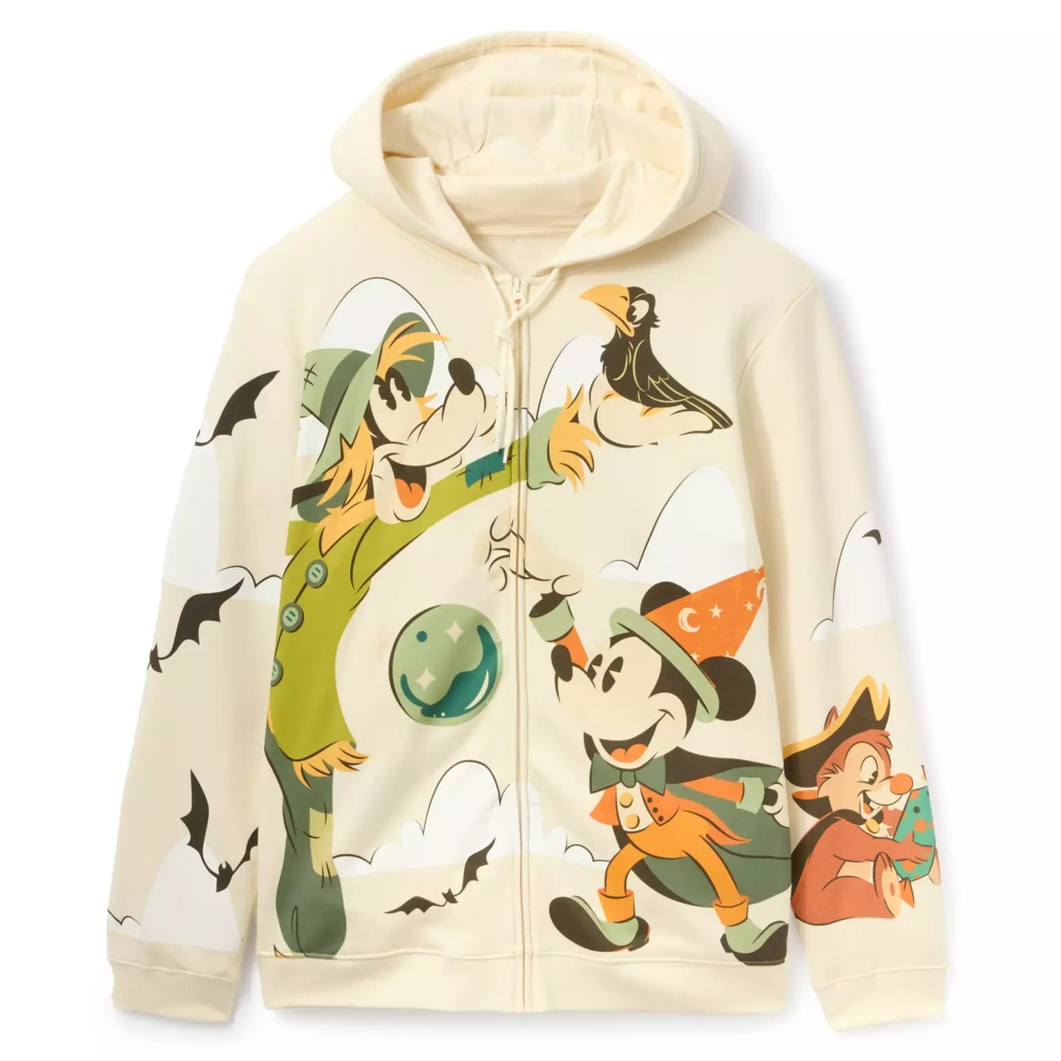 Cream hoodie with cartoon characters in Halloween costumes—part of the new Disney Store Halloween merchandise collection.