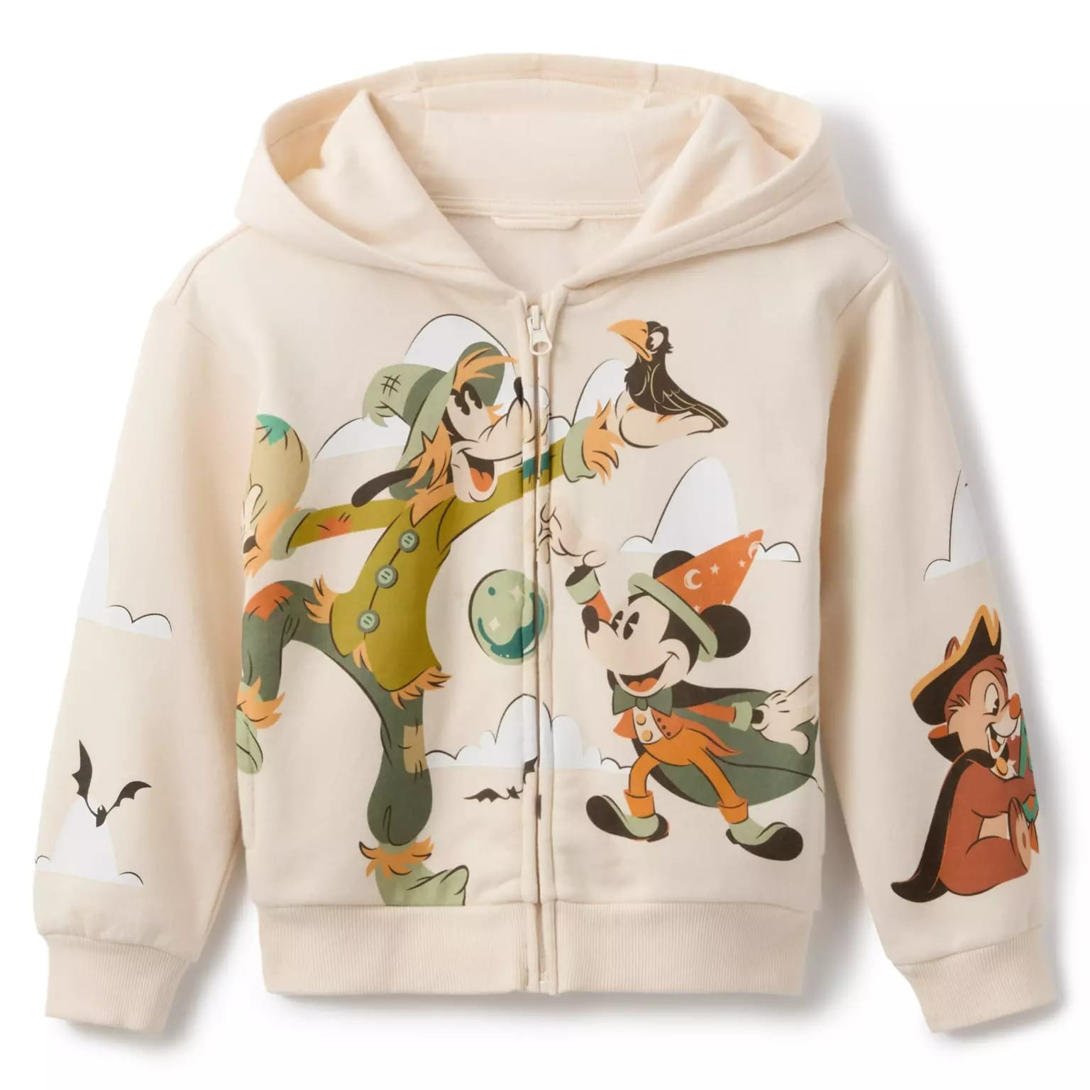 Cream hoodie featuring Mickey Mouse, Goofy, and Chip in Halloween costumes—perfect Disney Store Halloween merchandise.