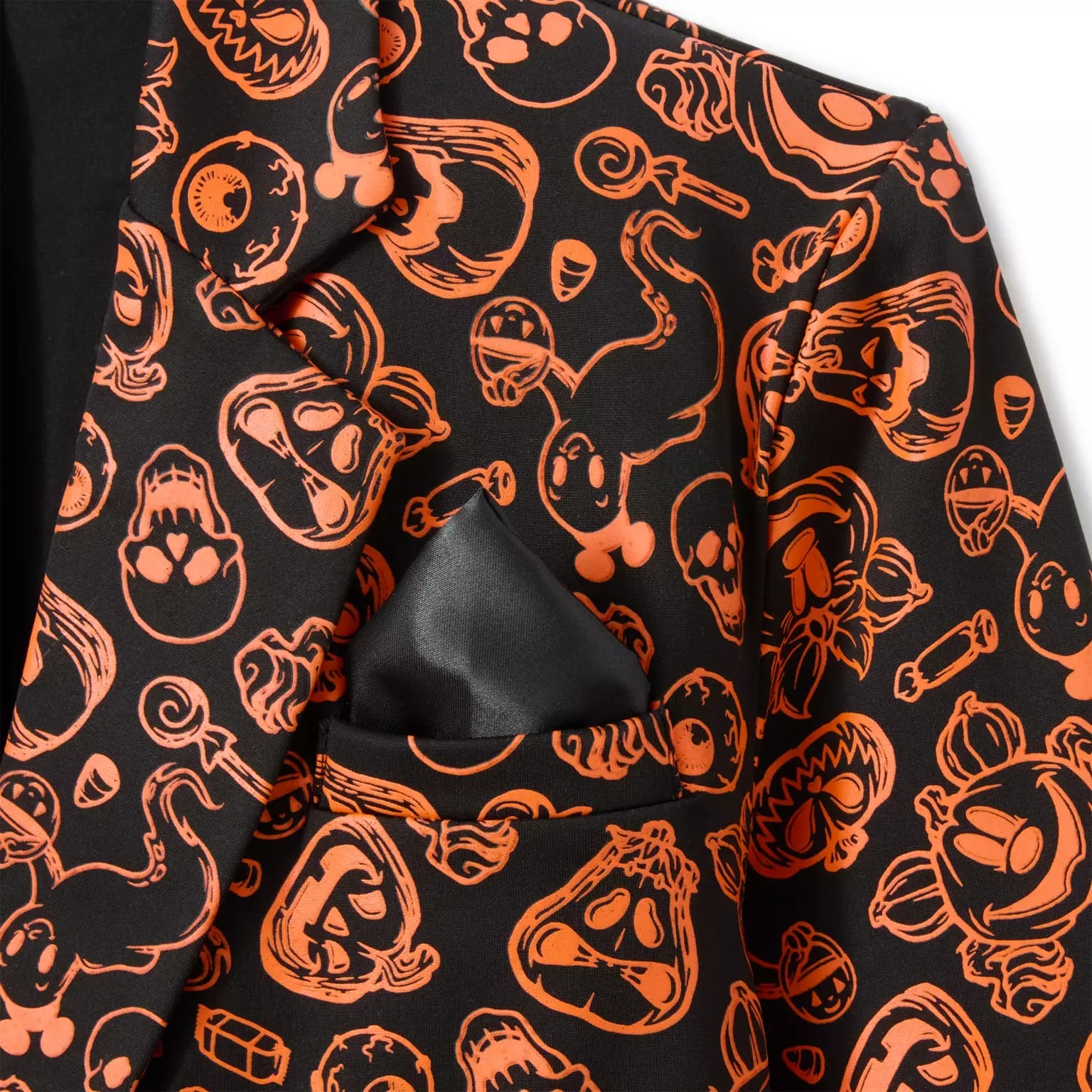 Black blazer with orange Halloween cartoon designs, inspired by new Disney merchandise, plus a black pocket square.