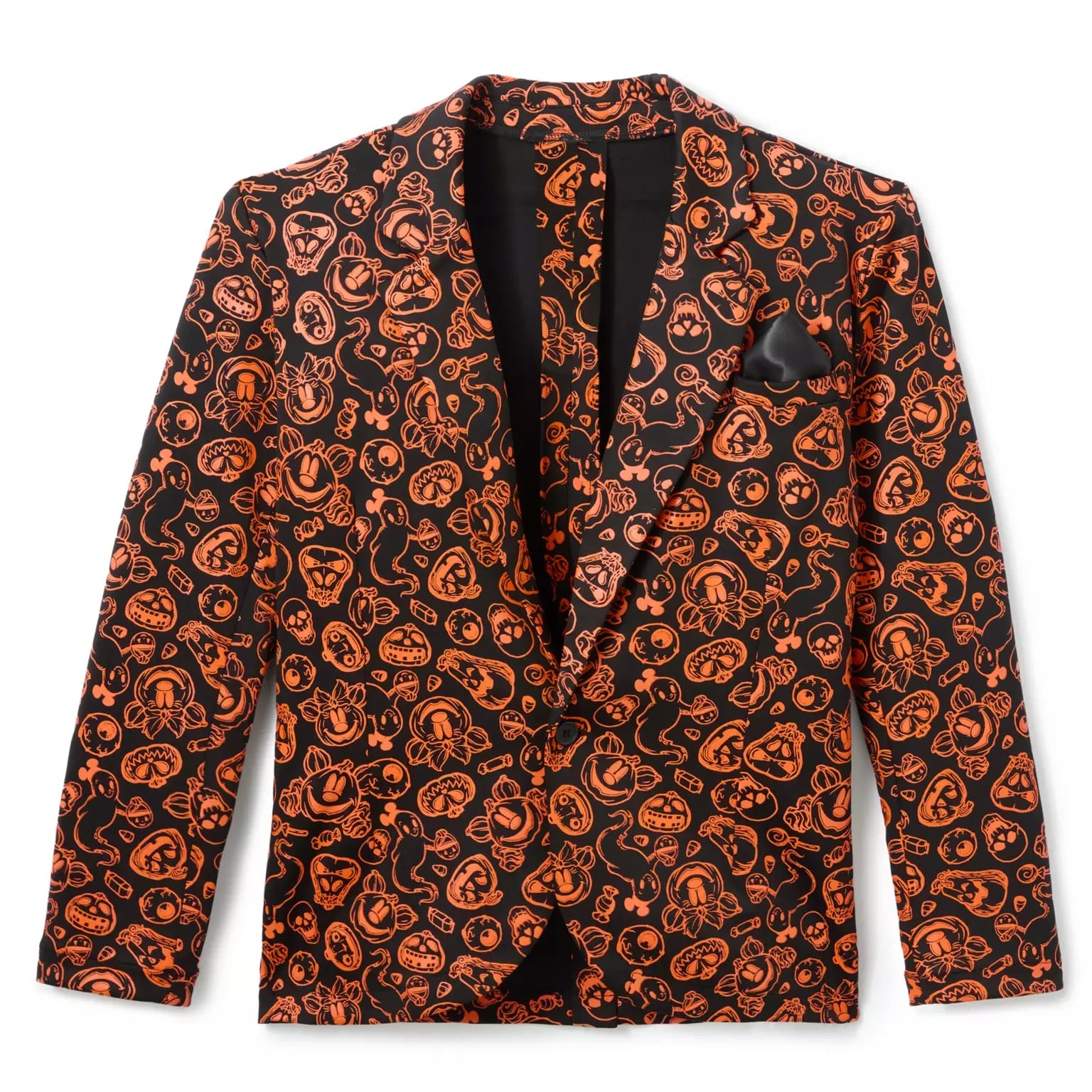 Black blazer with an orange Halloween-themed pattern, perfect for Halloween merchandise at Disney Store prices.