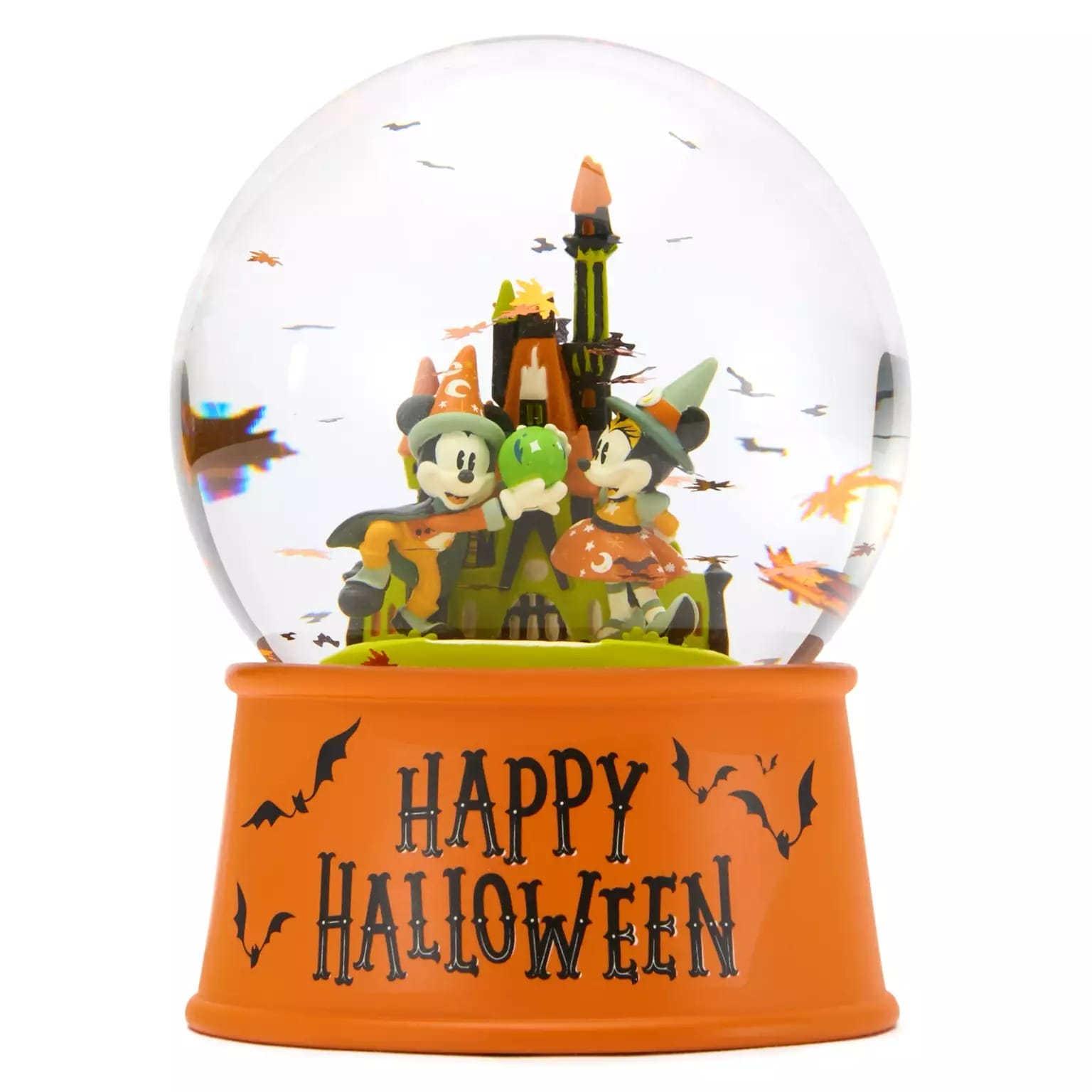 A Disney Store Halloween snow globe with Mickey, Minnie, a spooky castle, and "Happy Halloween" on an orange base.