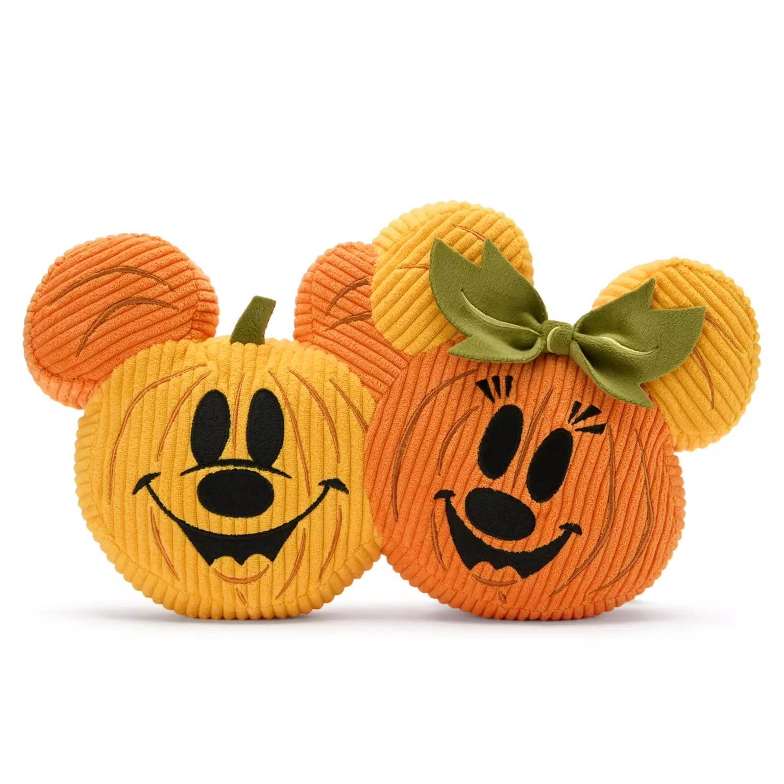 Two plush pumpkins styled as Mickey and Minnie Mouse, part of Disney Store Halloween Merchandise, with embroidered smiles.
