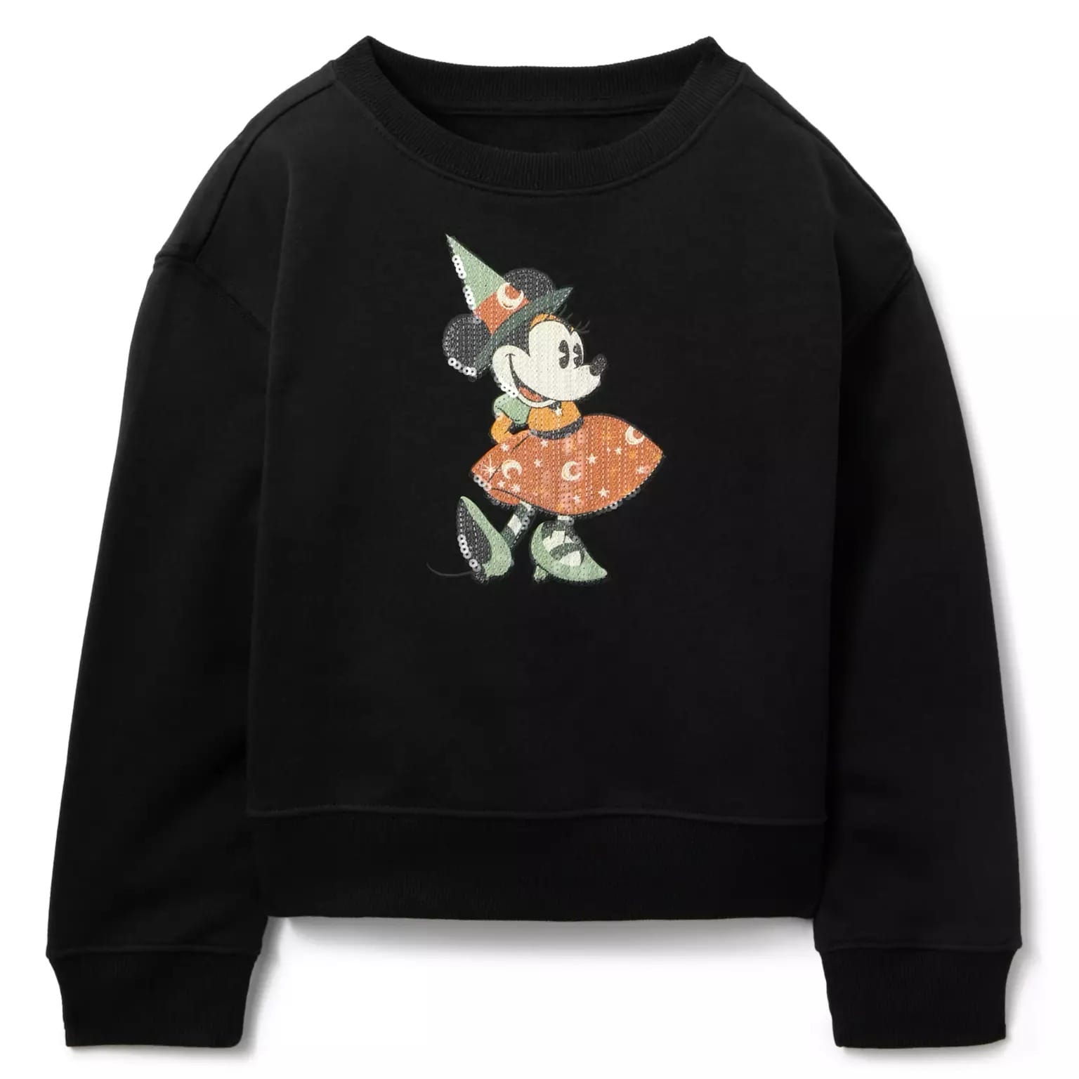 Black sweatshirt featuring Minnie Mouse in a witch costume from the Disney Store Halloween Merchandise collection.