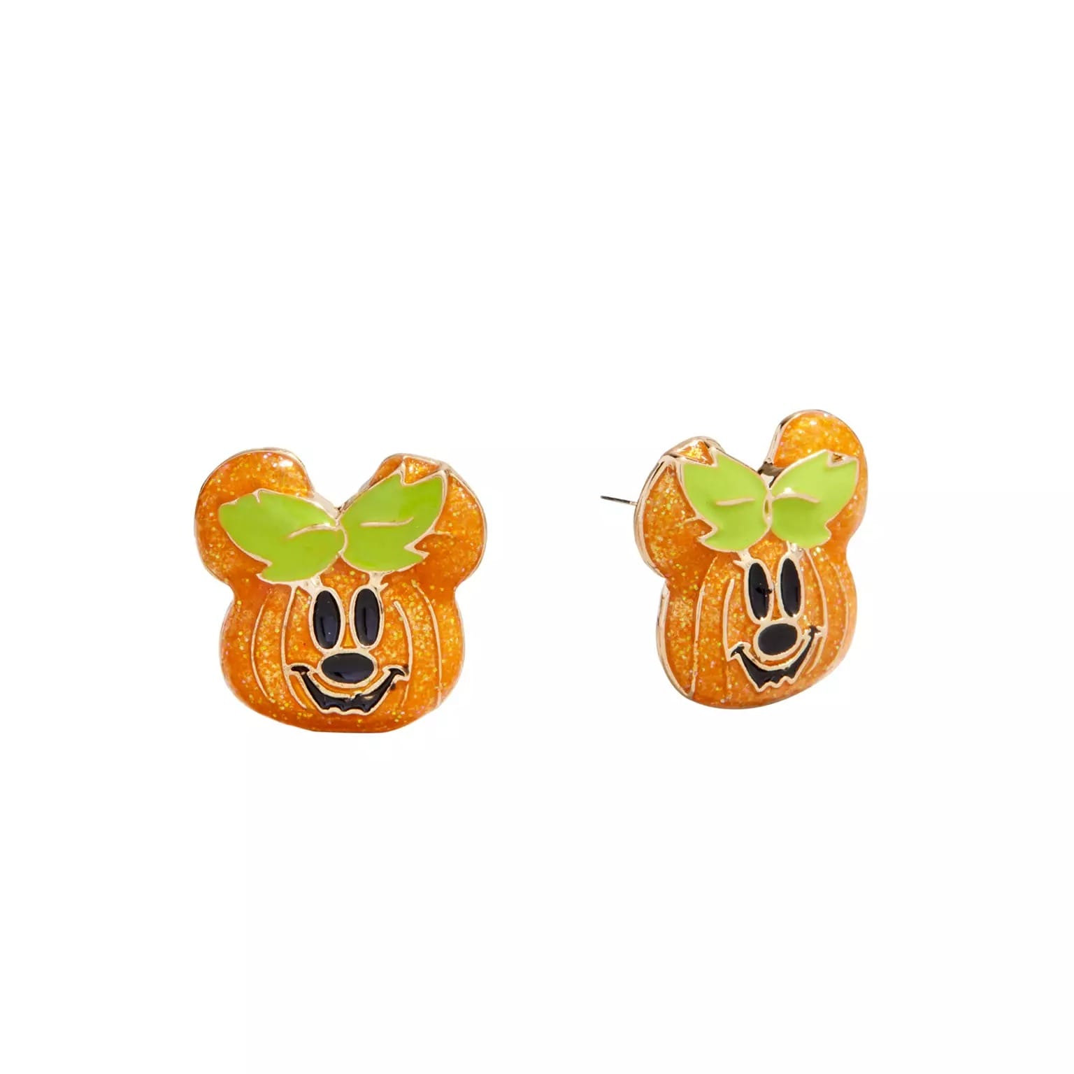 Orange sparkly pumpkin earrings with Minnie Mouse faces and green bows—cute new Disney Halloween products!