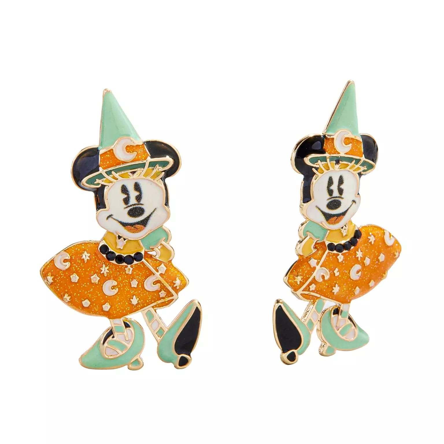 Two enamel pins of Minnie Mouse as a witch in Halloween outfits, perfect Disney Store Halloween merchandise.