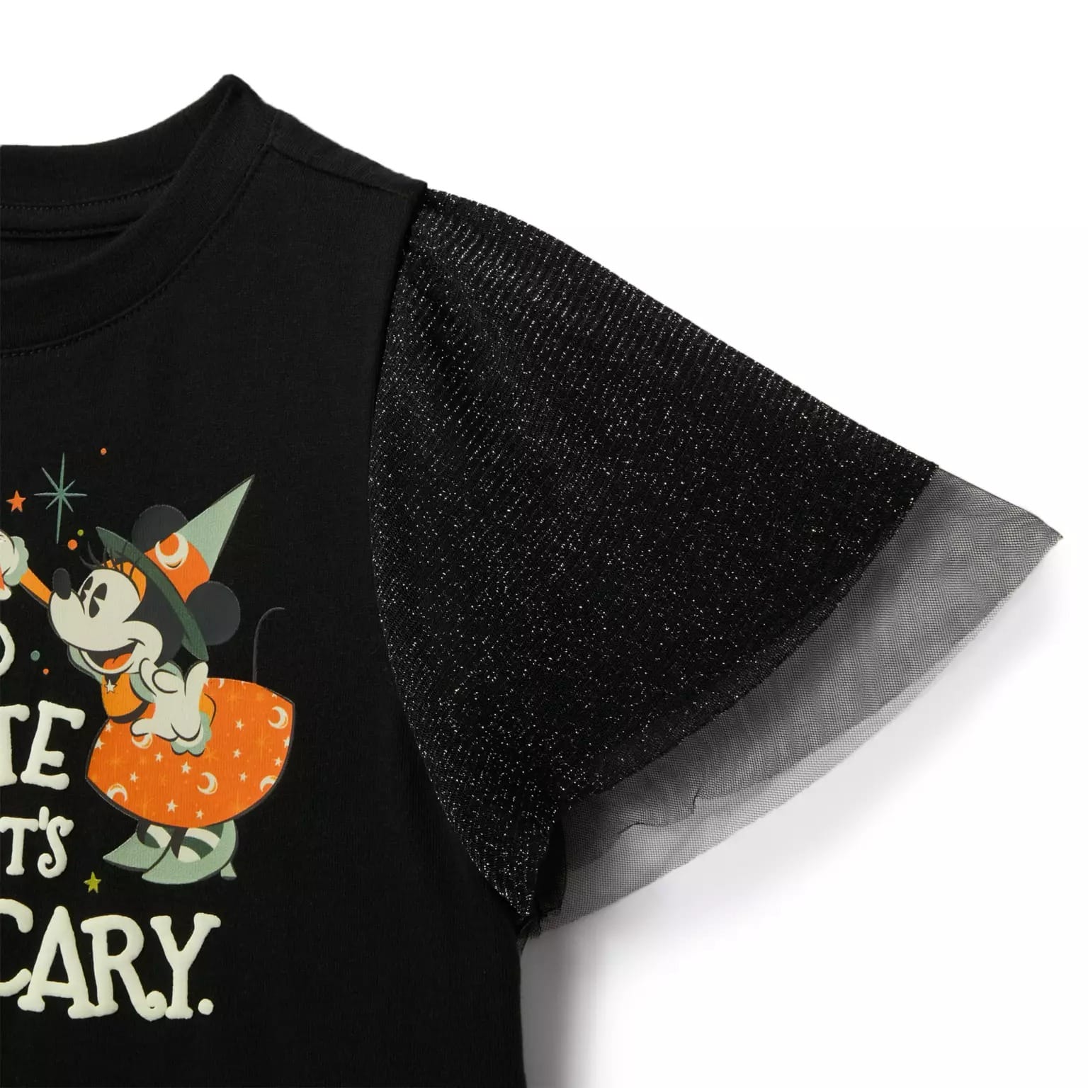 Black shirt with sparkly, flared sleeves featuring a cartoon mouse in orange—Disney Store Halloween merchandise.