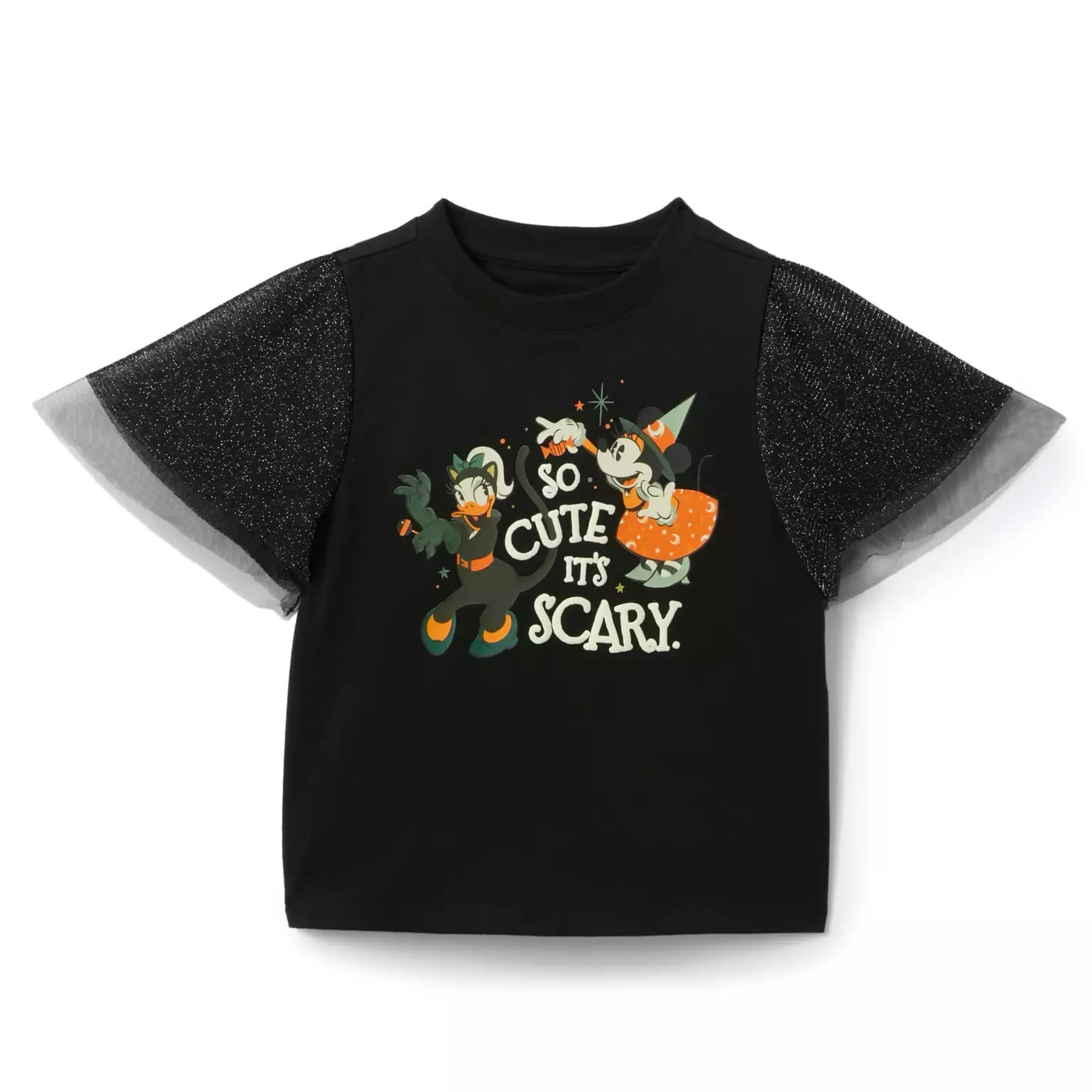 Black kids’ t-shirt with glittery sleeves and cartoon characters; a Disney Store Halloween must-have.