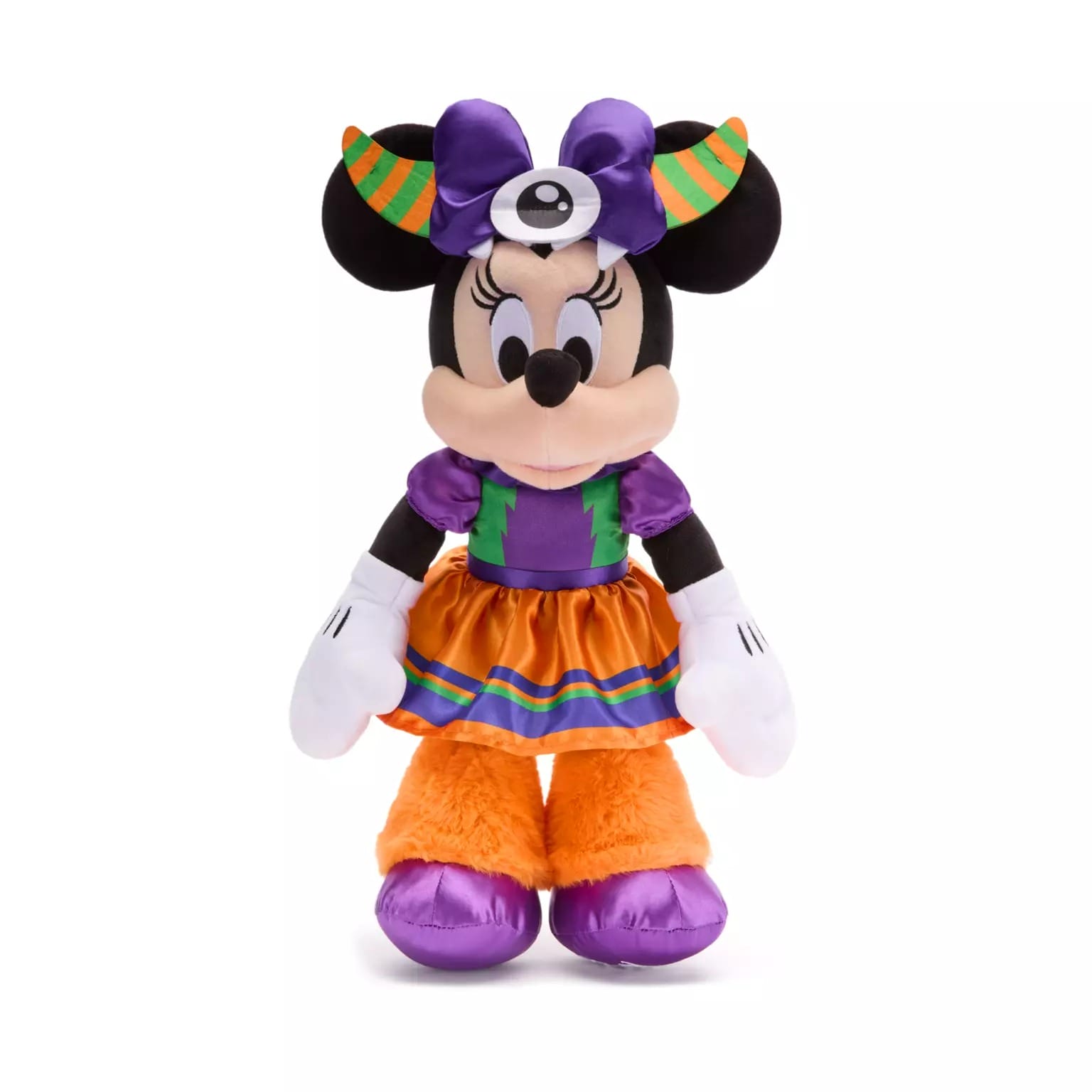 Plush Minnie Mouse in a purple, orange, and green Halloween outfit—part of the Disney Store Halloween merchandise.