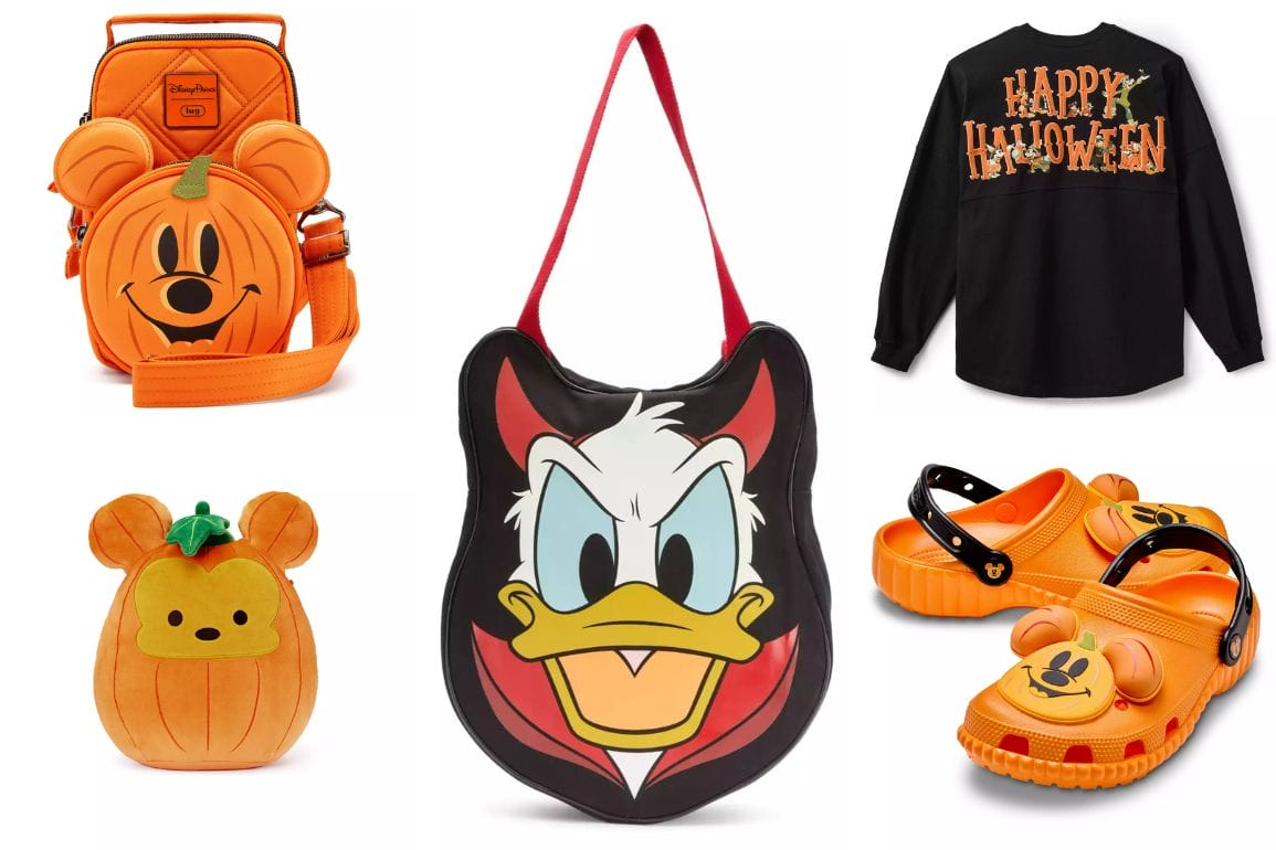 Assorted Disney Store Halloween merchandise, including bags, a shirt, plush toy, and Mickey Mouse Crocs.
