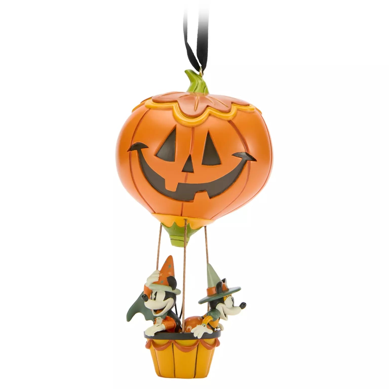Mickey and Minnie Mouse dressed as witches ride a jack-o'-lantern balloon—perfect Disney Store Halloween merchandise.