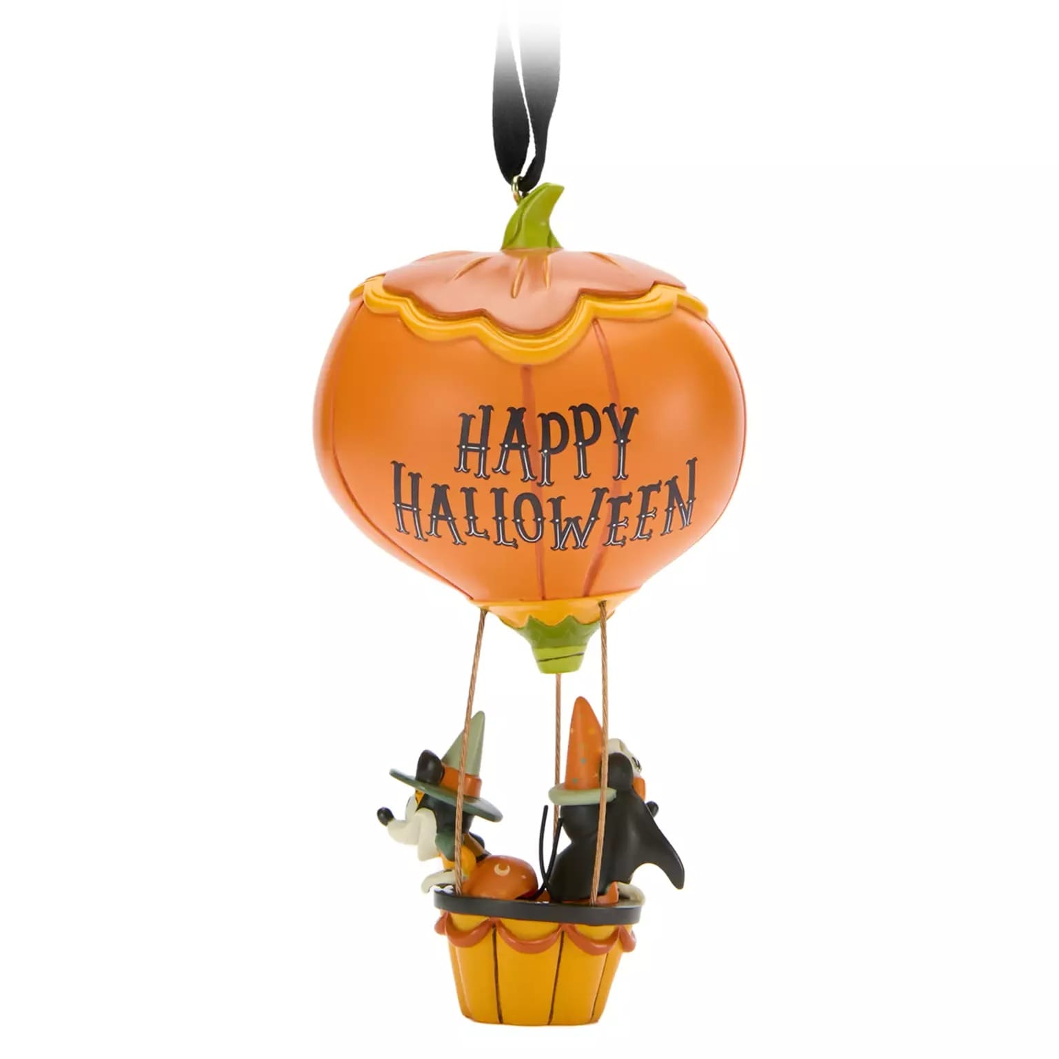 Halloween pumpkin hot air balloon ornament from new Disney Halloween products with costumed animals and "Happy Halloween" text.