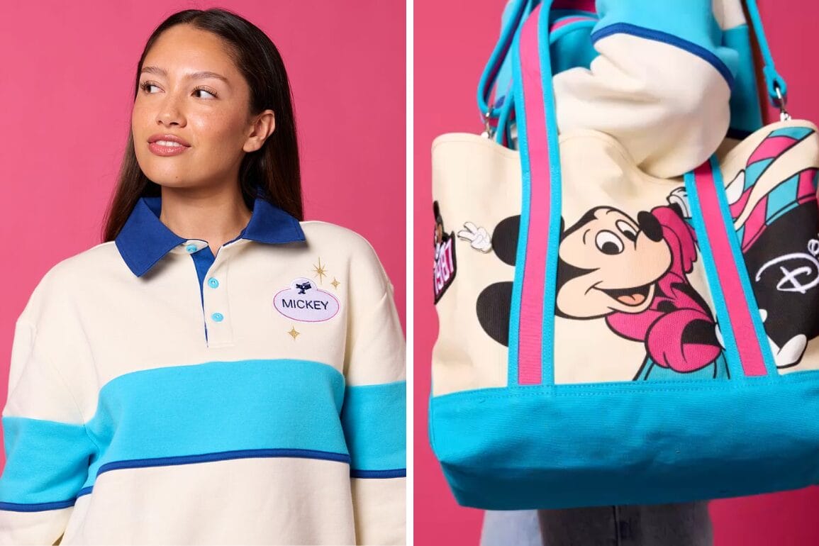 Woman in a cream and blue Mickey shirt; close-up of matching tote bag with Mickey Mouse design, pink background.