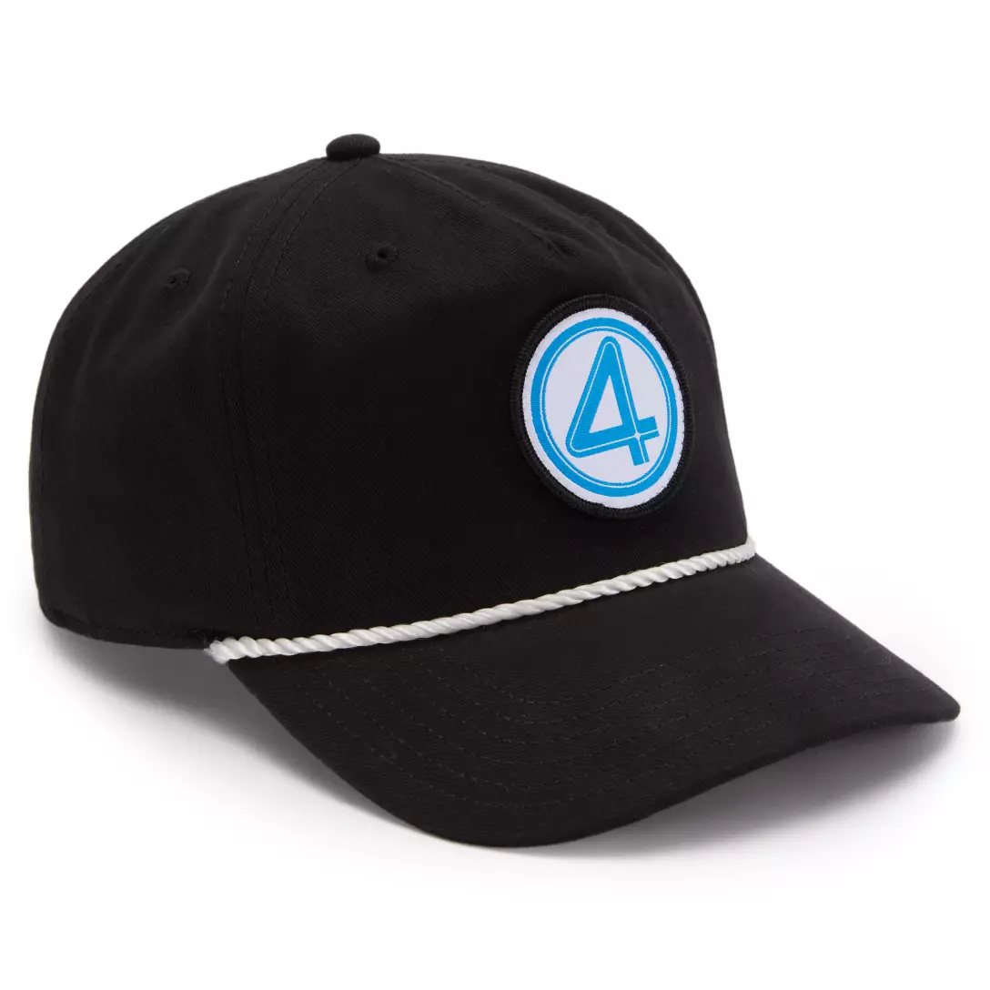 Black baseball cap with a white rope above the brim and a blue Fantastic Four number 4 logo on the front.