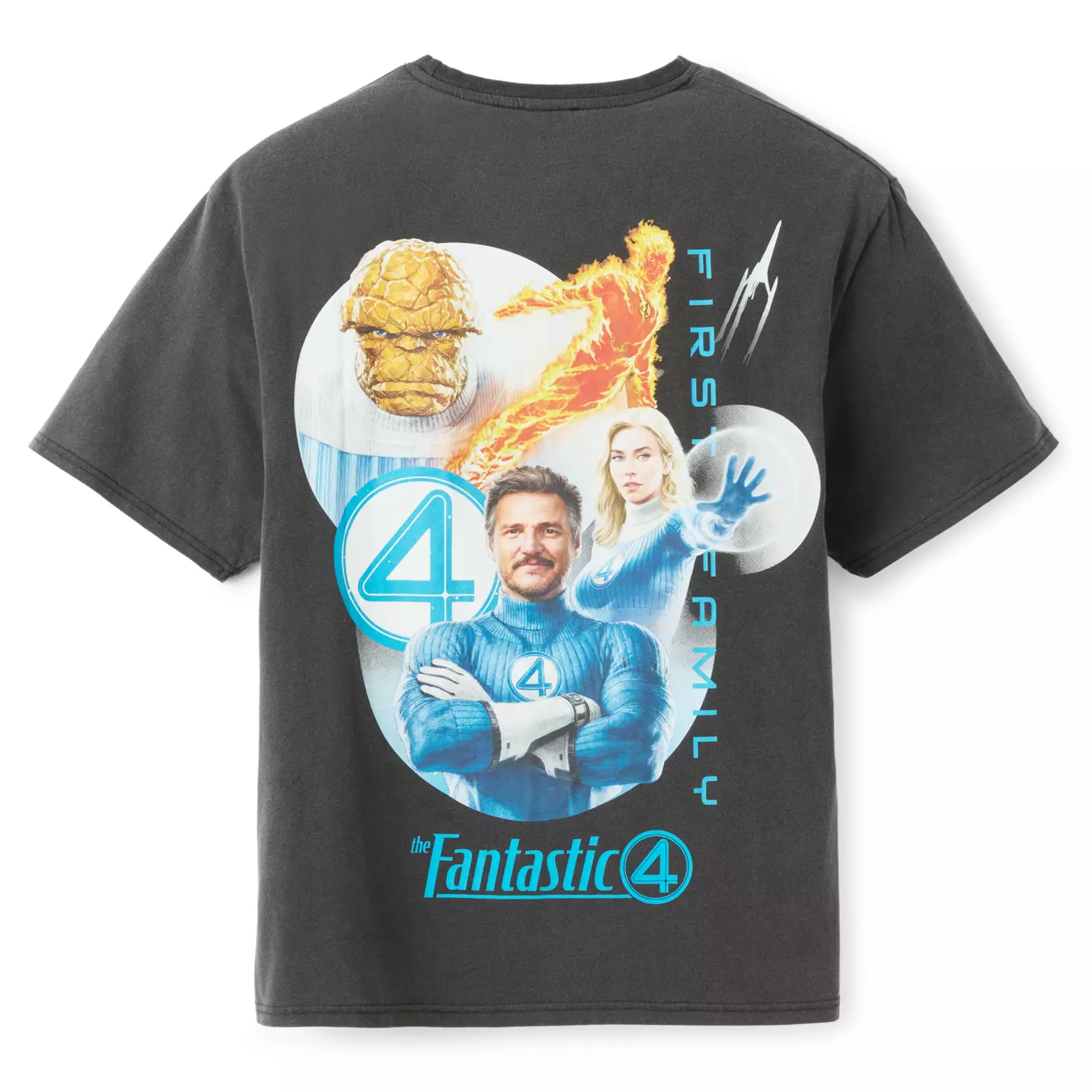 Black T-shirt featuring the Fantastic Four superheroes, their iconic logo, and "First Family" and "Fantastic Four" text.