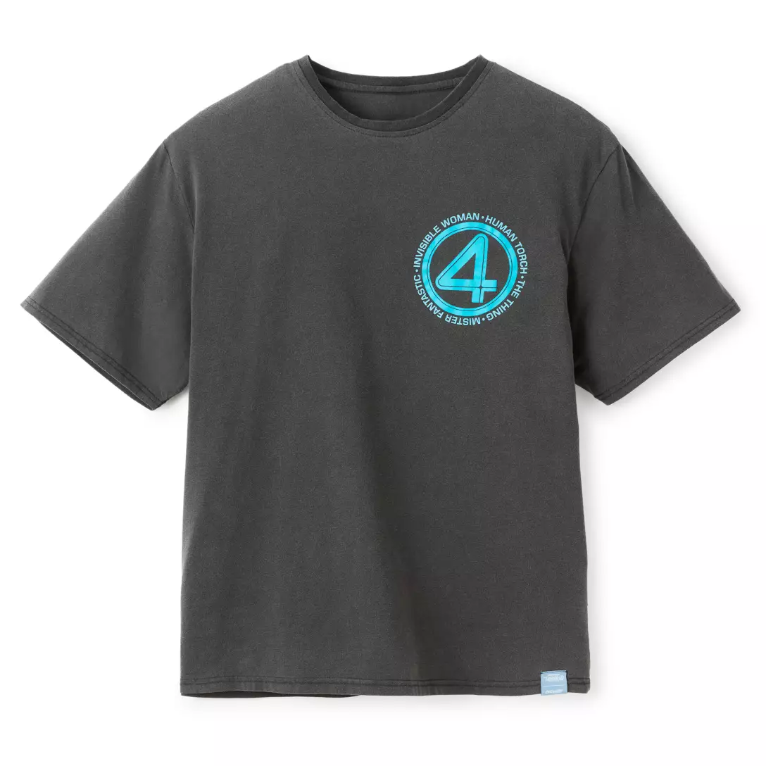 A dark gray Fantastic Four T-shirt featuring a blue logo on the left chest.