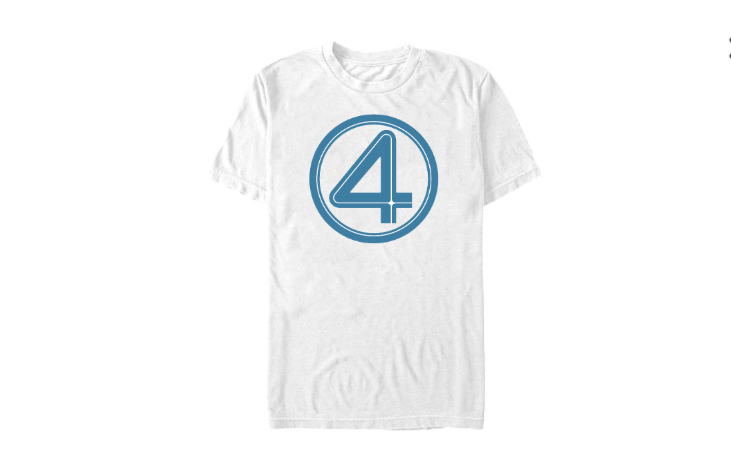 White T-shirt featuring a blue "4" in a circle, inspired by the iconic Fantastic Four logo.