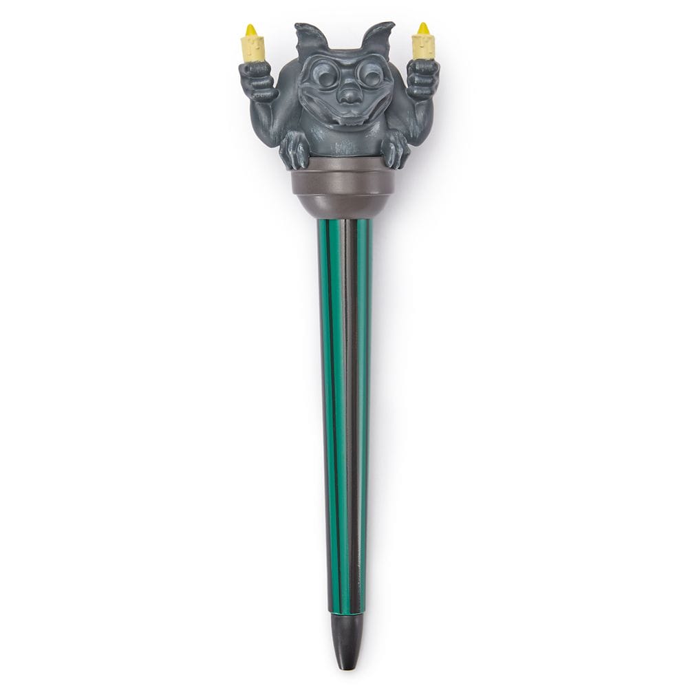 A pen from the Haunted Mansion Collection with a gargoyle holding candles and green-gray stripes, found at Disney Store.