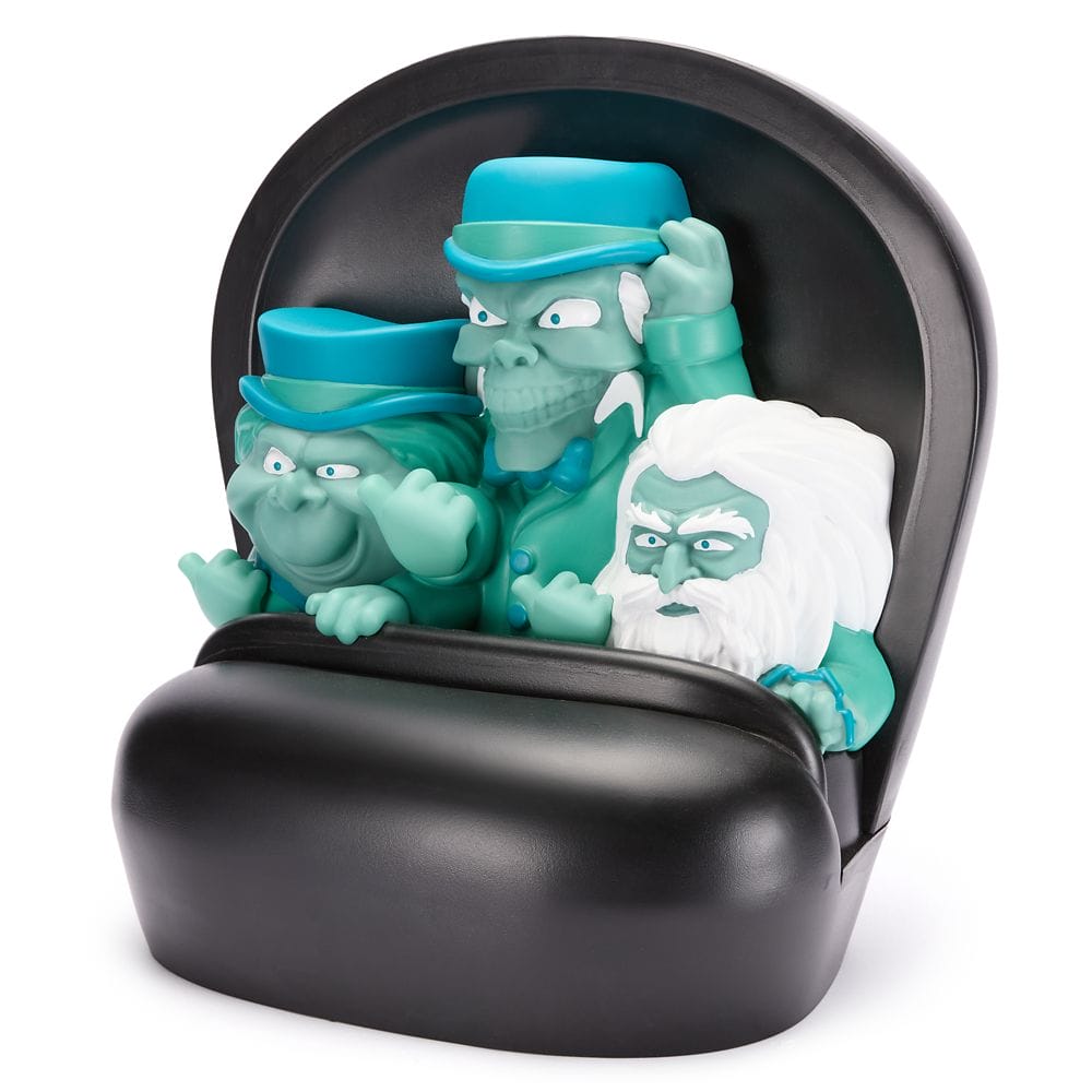 Three cartoonish blue-green ghosts in suits pop out of a black ride vehicle from the Haunted Mansion Collection.