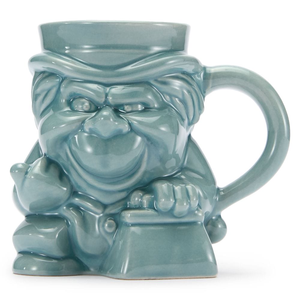 A blue ceramic mug from the Haunted Mansion Collection shaped like a grinning dwarf, wearing a hat and holding a pickaxe.