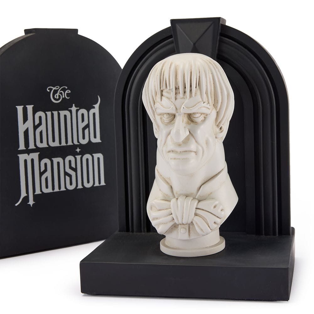 A white bust of a stern-faced man in a black archway, part of the Haunted Mansion Collection at Disney Store.