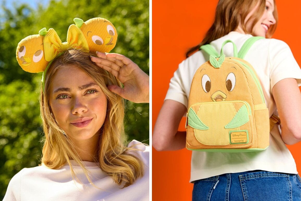 A woman wears an Orange Bird ear headband; another displays a Loungefly Pastel Orange Bird Backpack on orange.