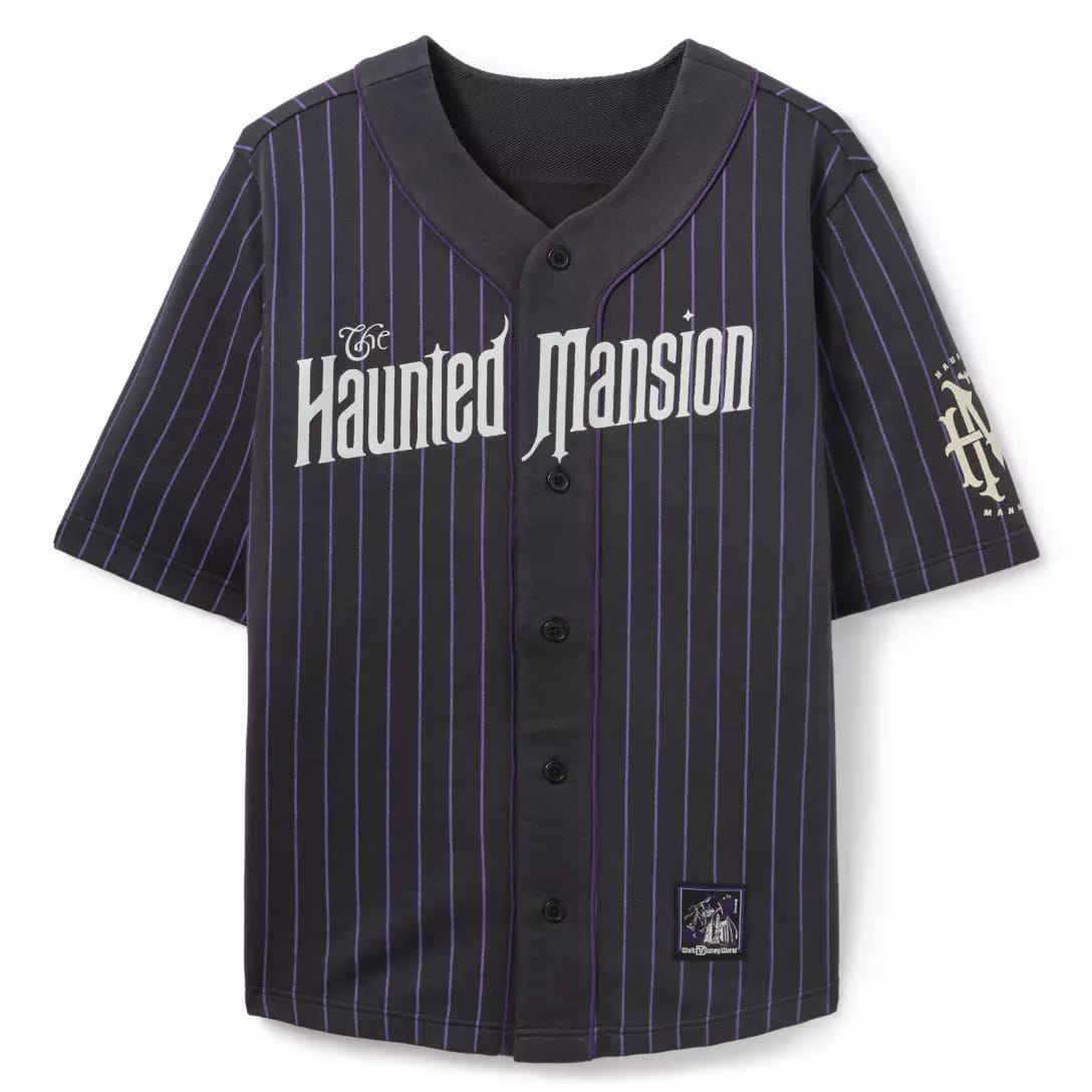 Black pinstriped baseball jersey from the Haunted Mansion Collection with logo, short sleeves, and buttons.