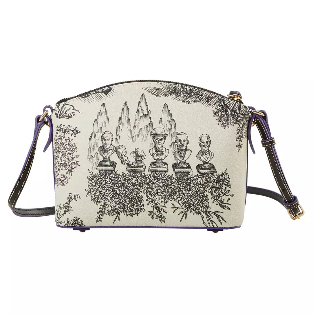 Cream handbag with black line art of bust sculptures and trees; Disney Store exclusive with black strap and gold clasps.