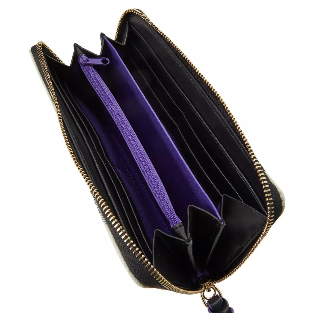 Black zippered wallet from the Haunted Mansion Collection, with a purple interior and central zip pocket.