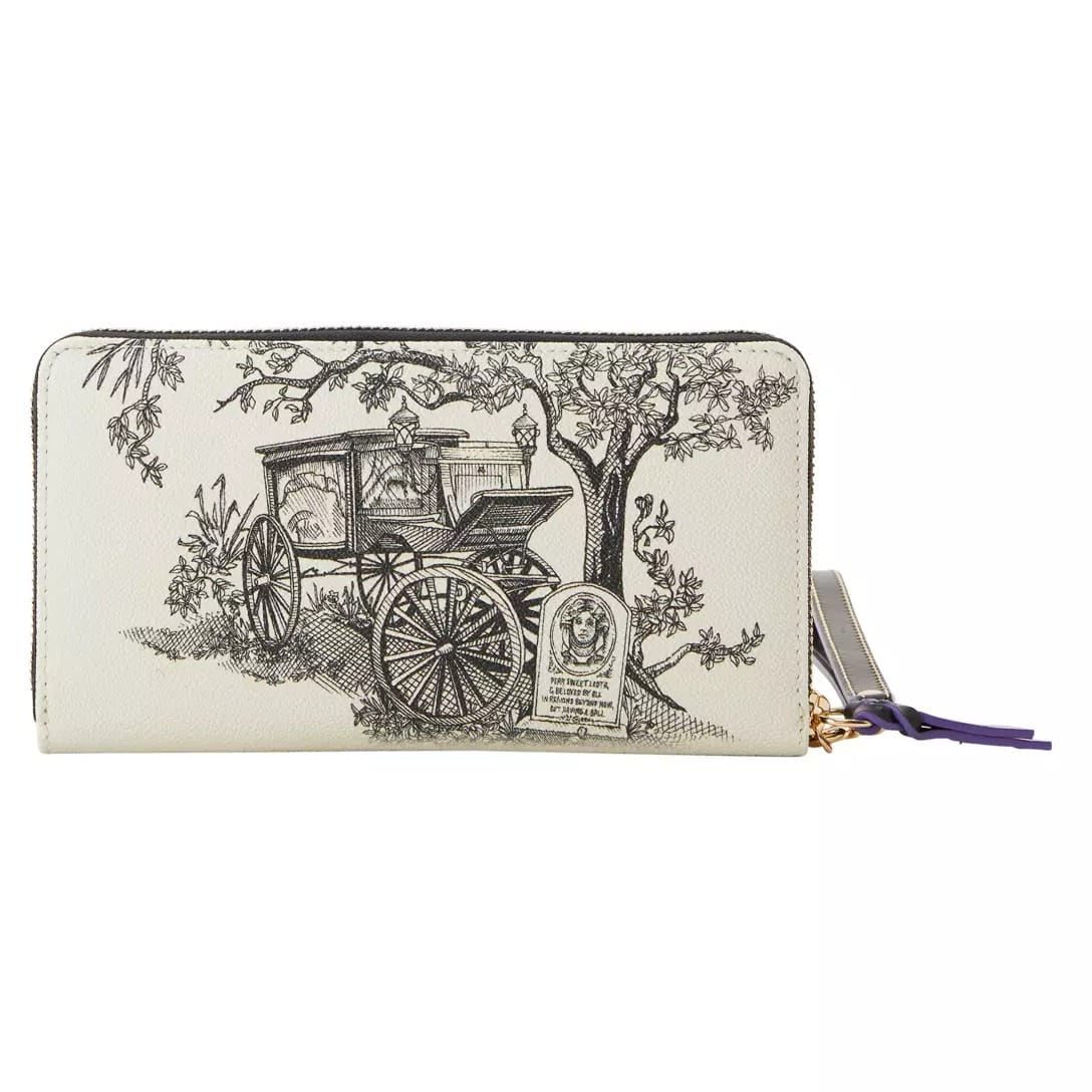 White wallet with a black sketch of a hearse; part of the Haunted Mansion Collection. Zipper closure on the right.