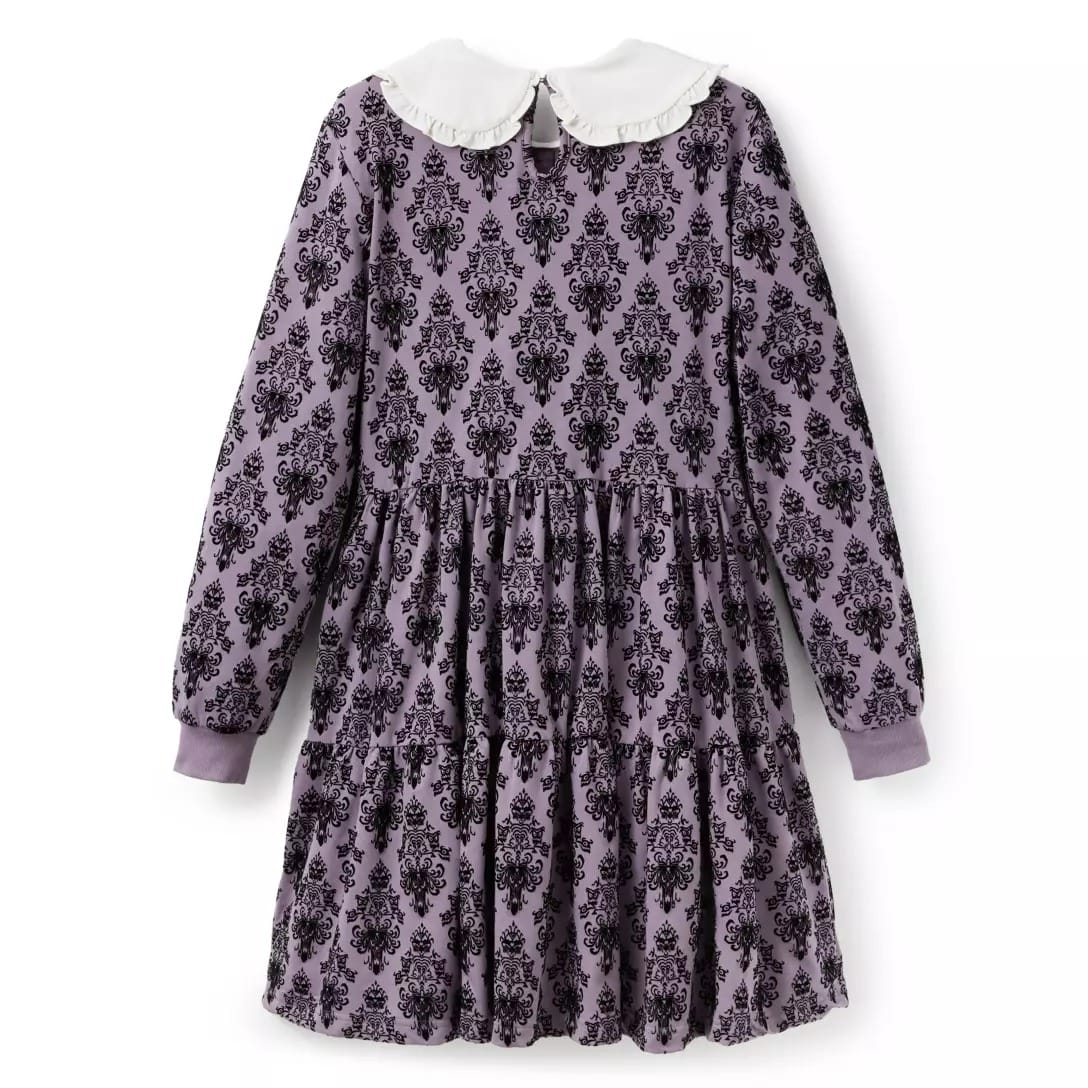 Long-sleeve purple dress with black damask, part of the Haunted Mansion Collection, shown on a white background.